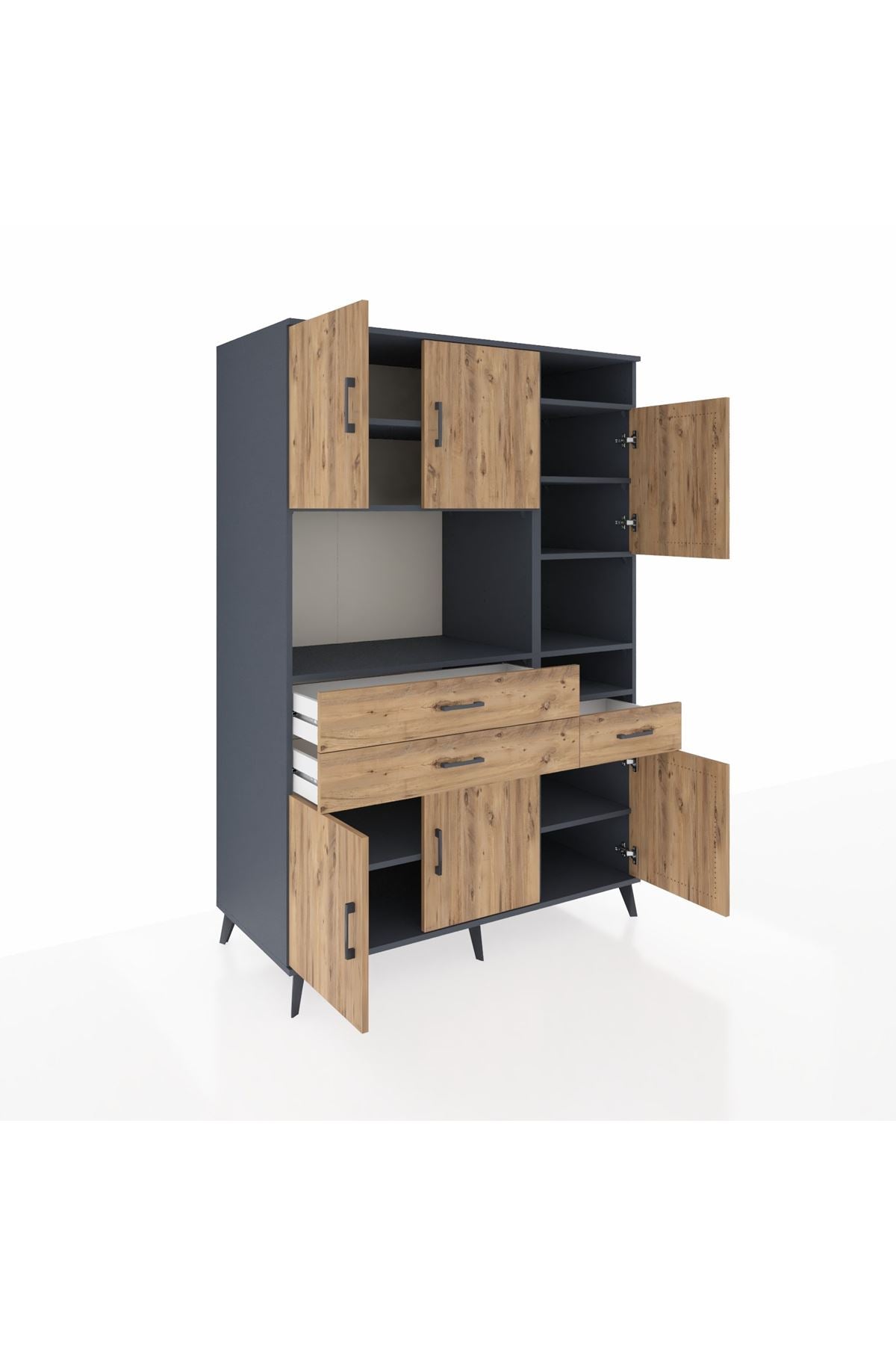 Kronos Dolap 10 Raflı 3 Çekmeceli 6 Kapaklı 132x59x195 Antrasit-Çam/Çam