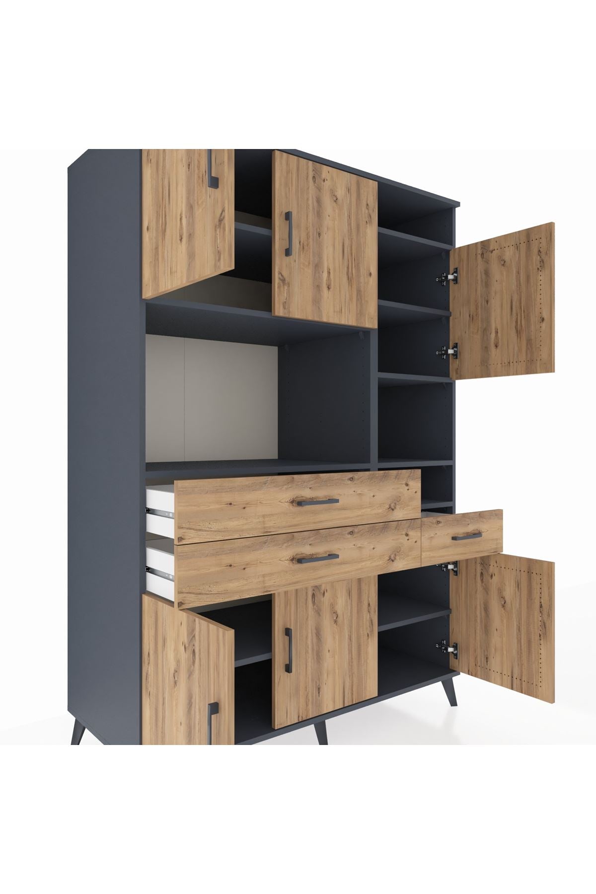 Kronos Dolap 10 Raflı 3 Çekmeceli 6 Kapaklı 132x59x195 Antrasit-Çam/Çam