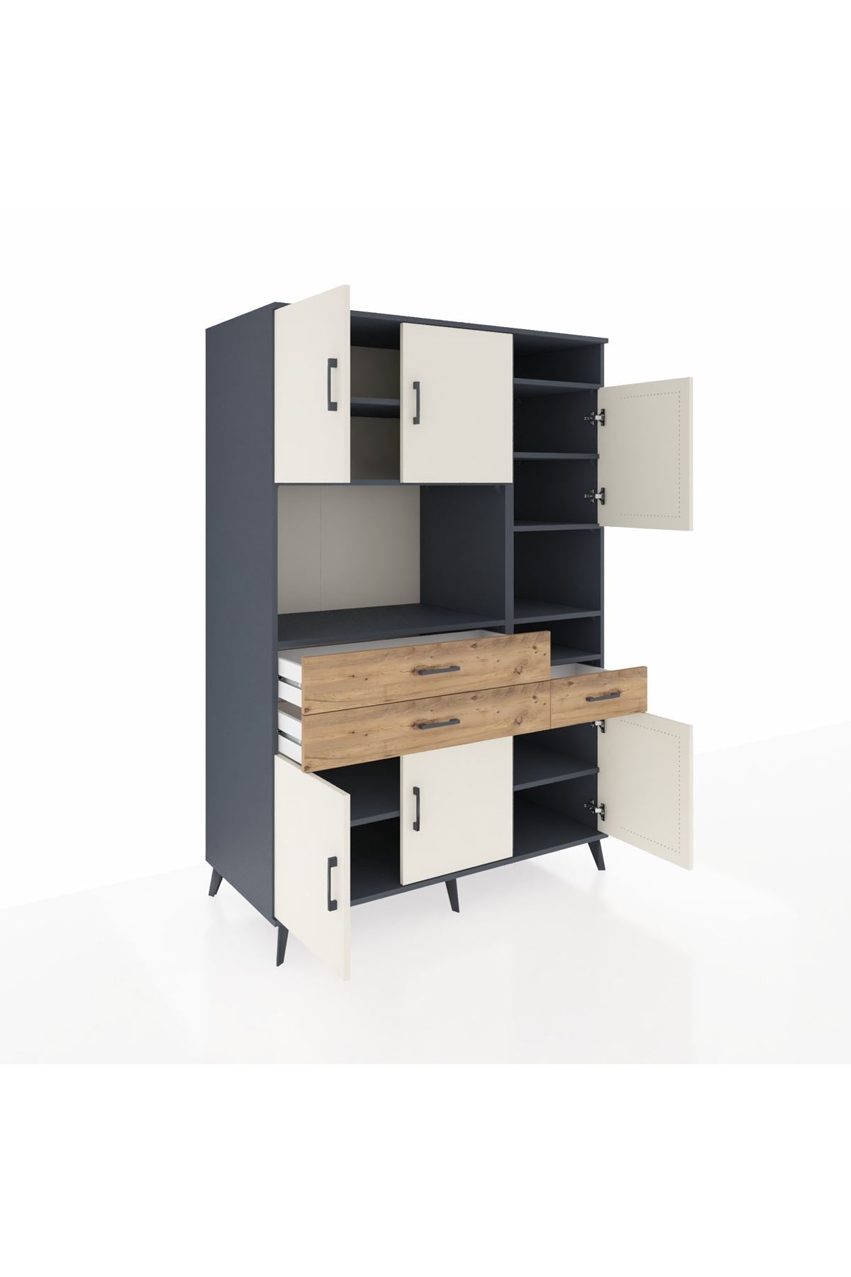 Kronos Dolap 10 Raflı 3 Çekmeceli 6 Kapaklı 132x59x195 Antrasit-Aytaşı/Çam