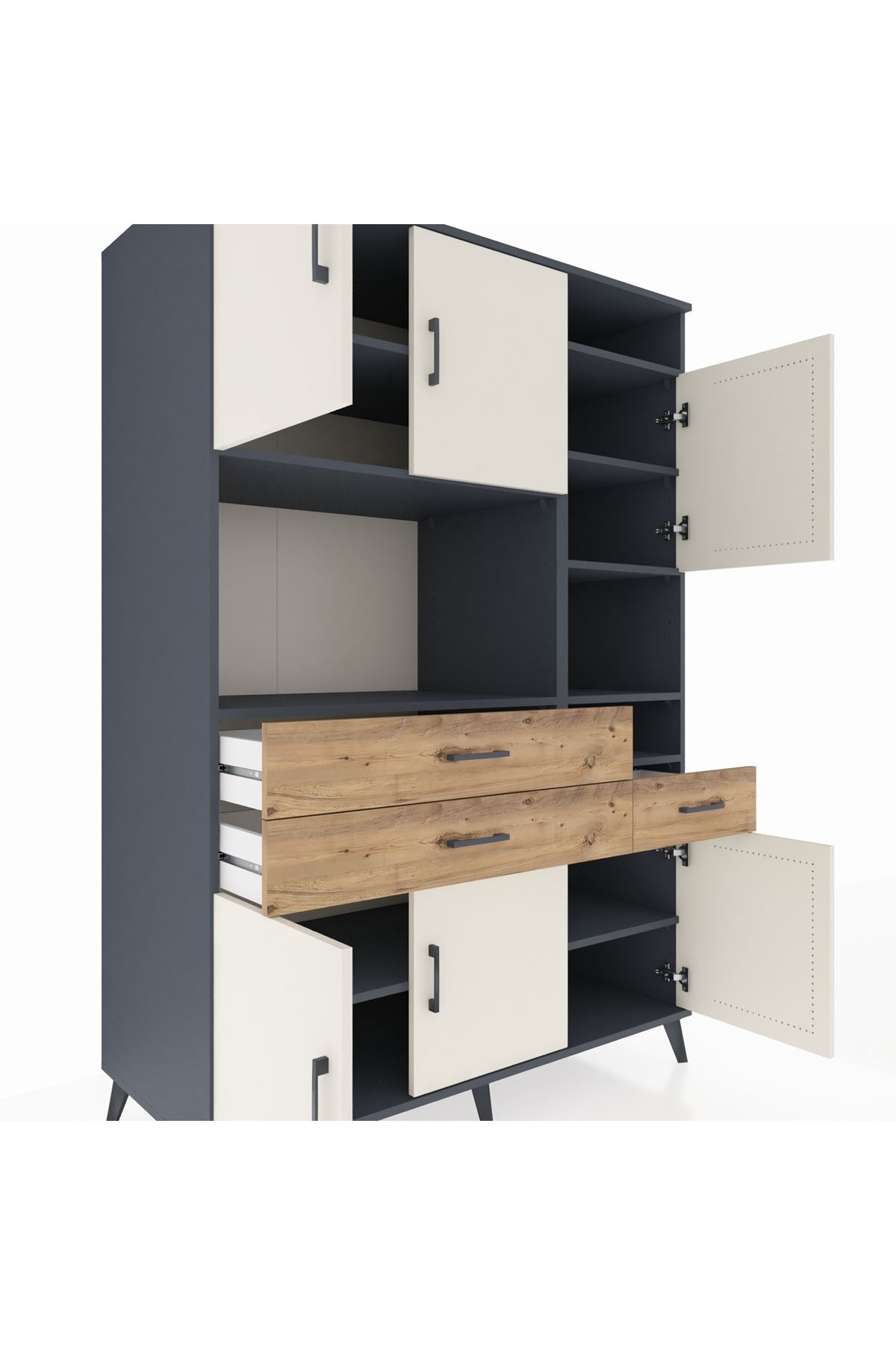 Kronos Dolap 10 Raflı 3 Çekmeceli 6 Kapaklı 132x59x195 Antrasit-Aytaşı/Çam