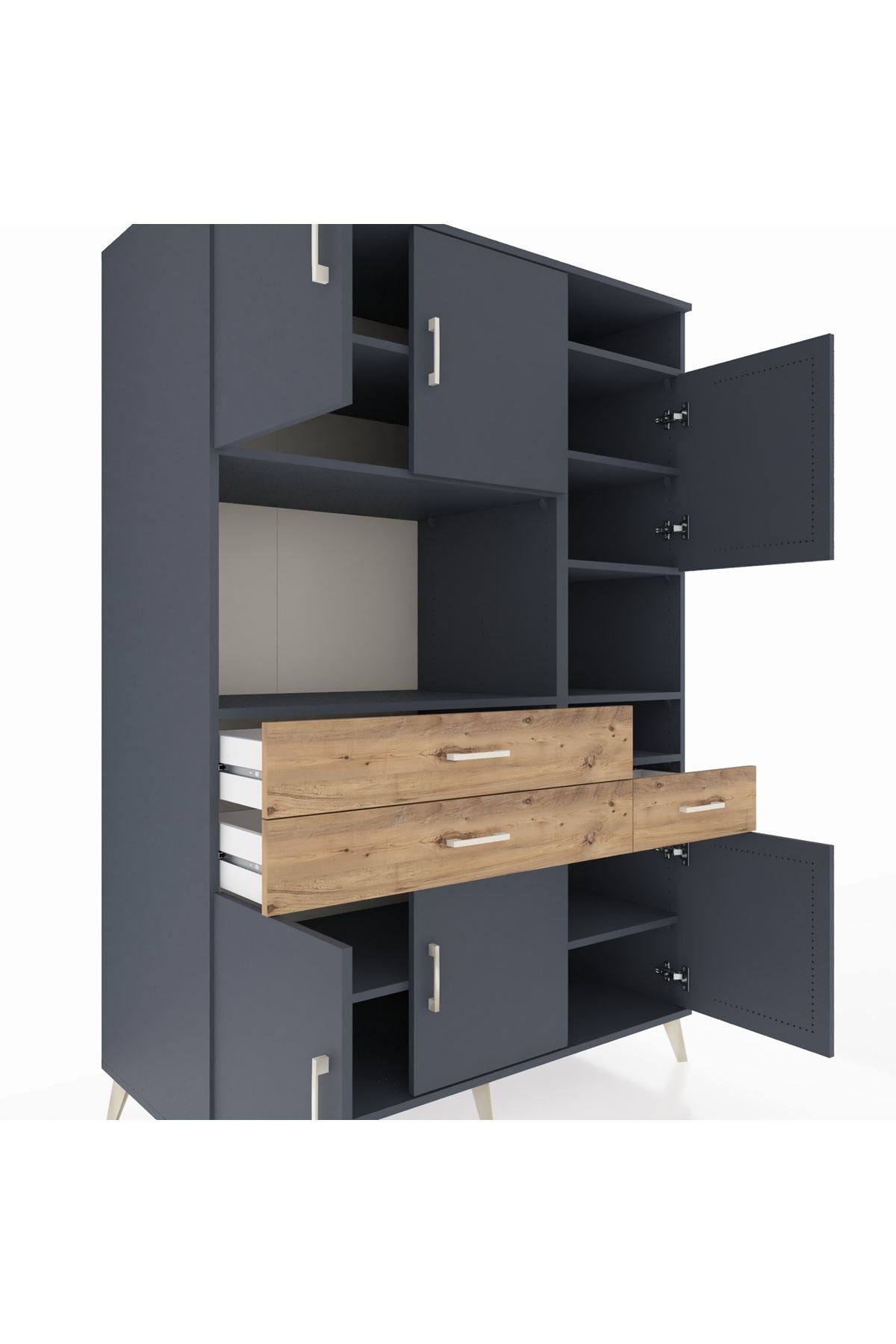 Kronos Dolap 10 Raflı 3 Çekmeceli 6 Kapaklı 132x59x195 Antrasit-Antrasit/Çam