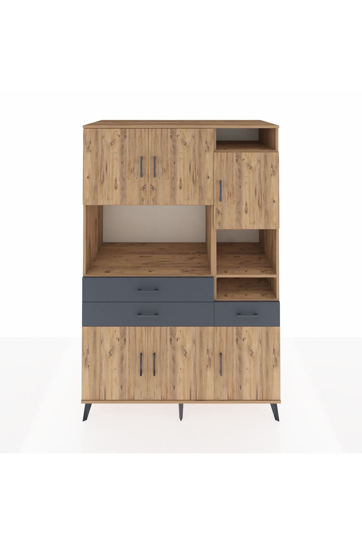 Kronos Dolap 10 Raflı 3 Çekmeceli 6 Kapaklı 132x59x195 Çam-Çam/Antrasit