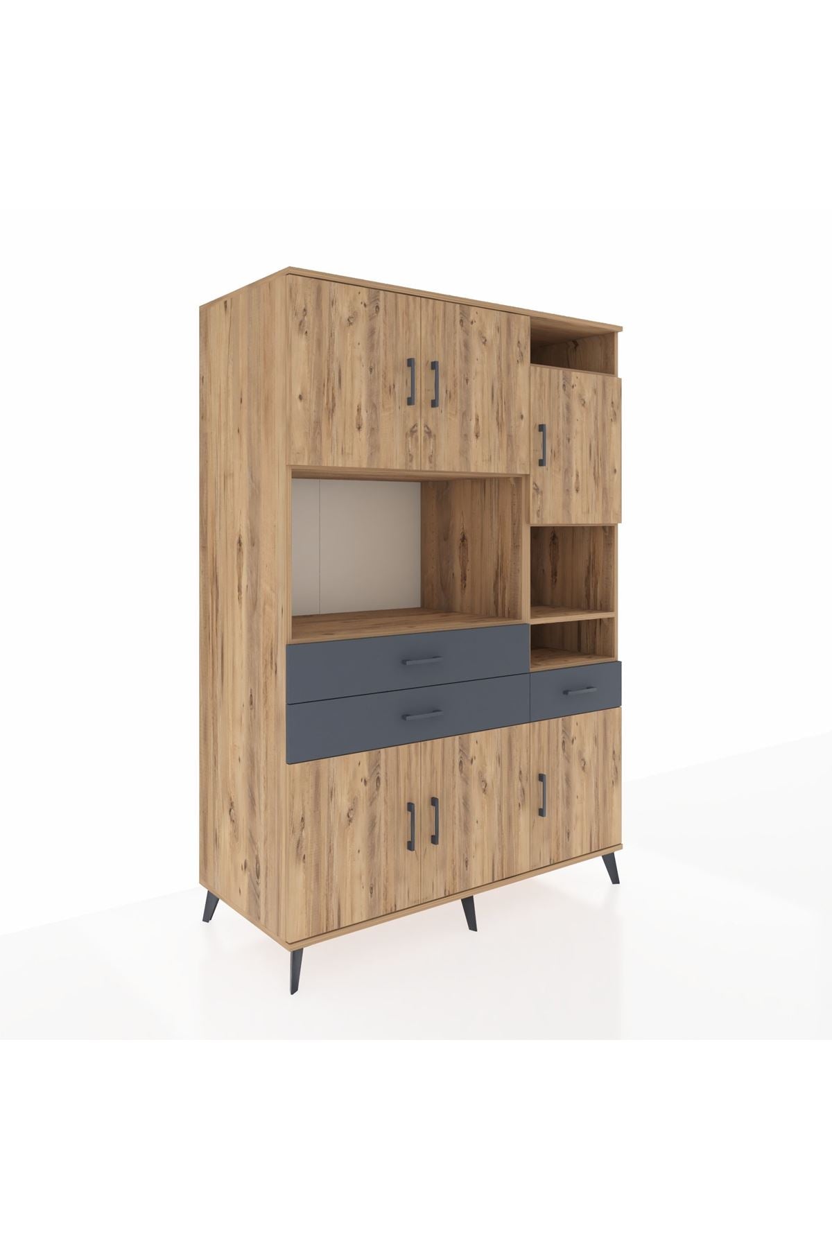 Kronos Dolap 10 Raflı 3 Çekmeceli 6 Kapaklı 132x59x195 Çam-Çam/Antrasit