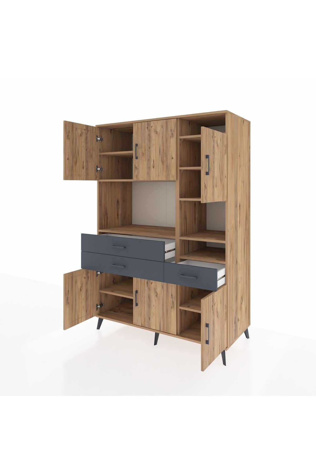 Kronos Dolap 10 Raflı 3 Çekmeceli 6 Kapaklı 132x59x195 Çam-Çam/Antrasit