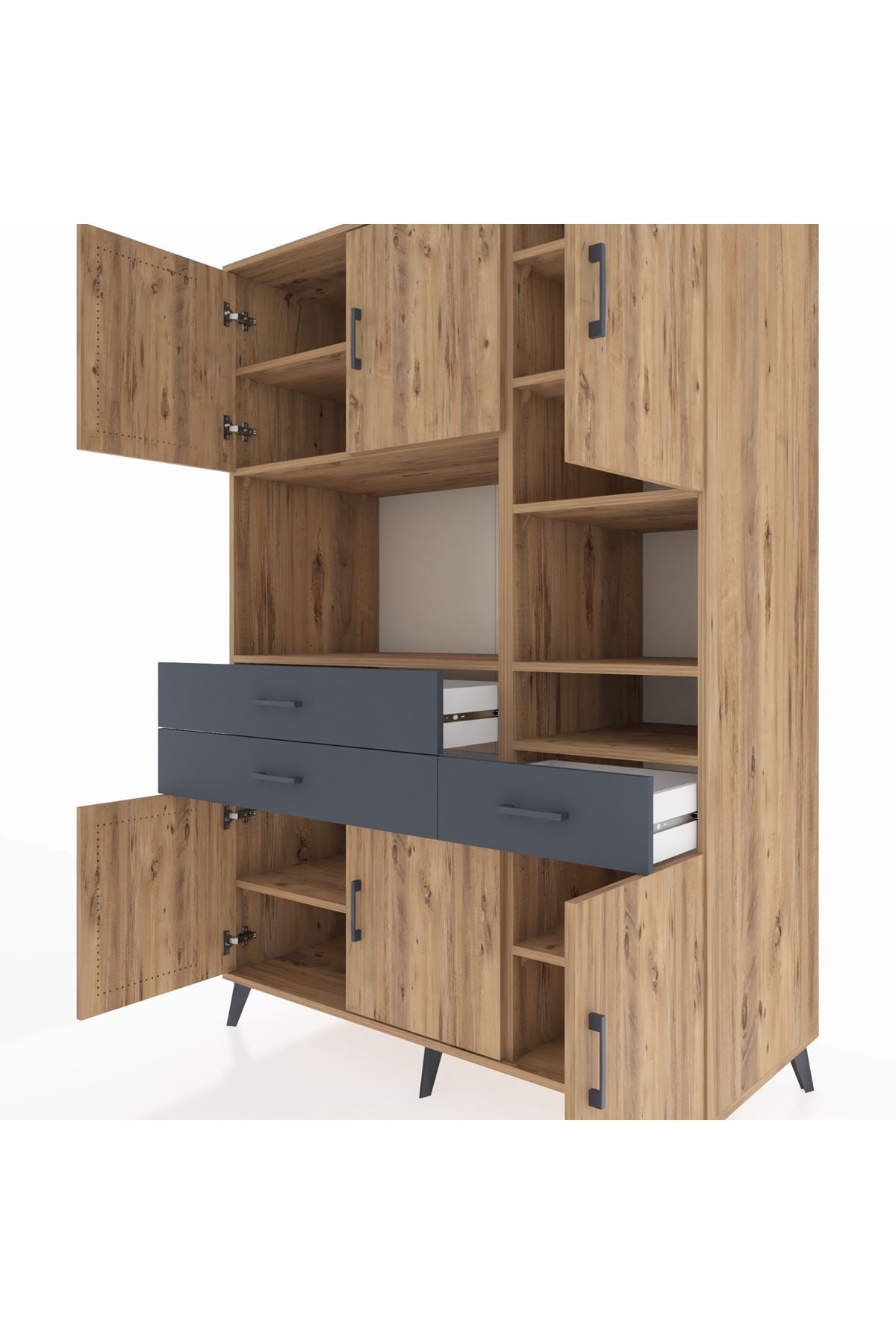 Kronos Dolap 10 Raflı 3 Çekmeceli 6 Kapaklı 132x59x195 Çam-Çam/Antrasit