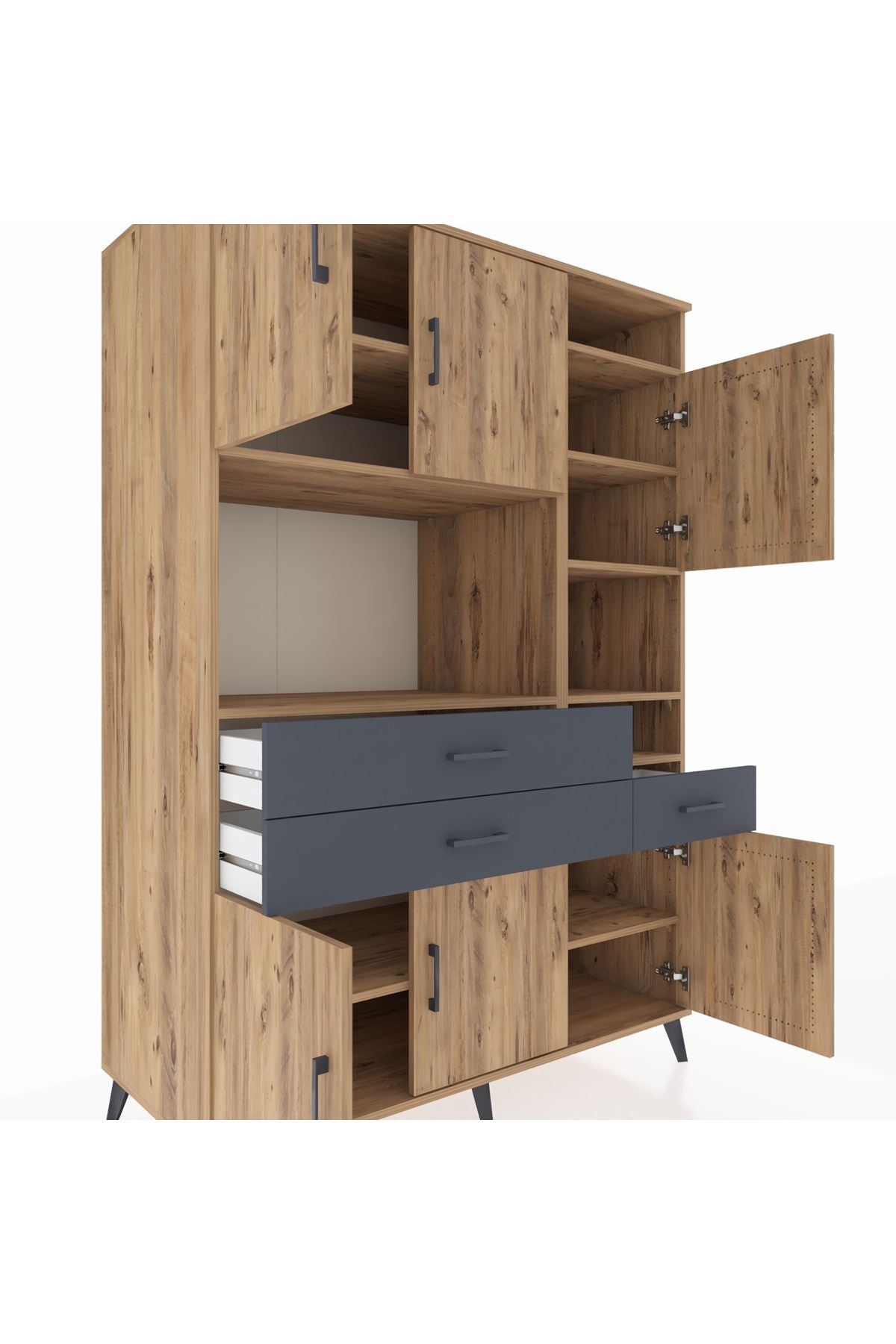 Kronos Dolap 10 Raflı 3 Çekmeceli 6 Kapaklı 132x59x195 Çam-Çam/Antrasit