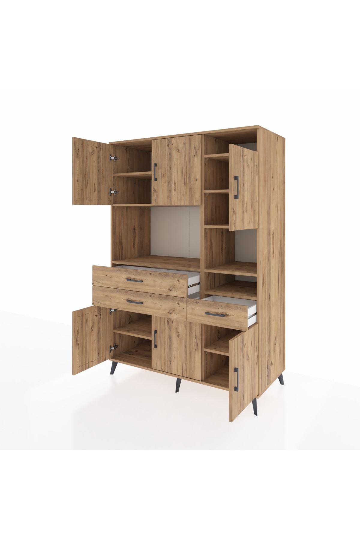 Kronos Dolap 10 Raflı 3 Çekmeceli 6 Kapaklı 132x59x195 Çam-Çam/Çam