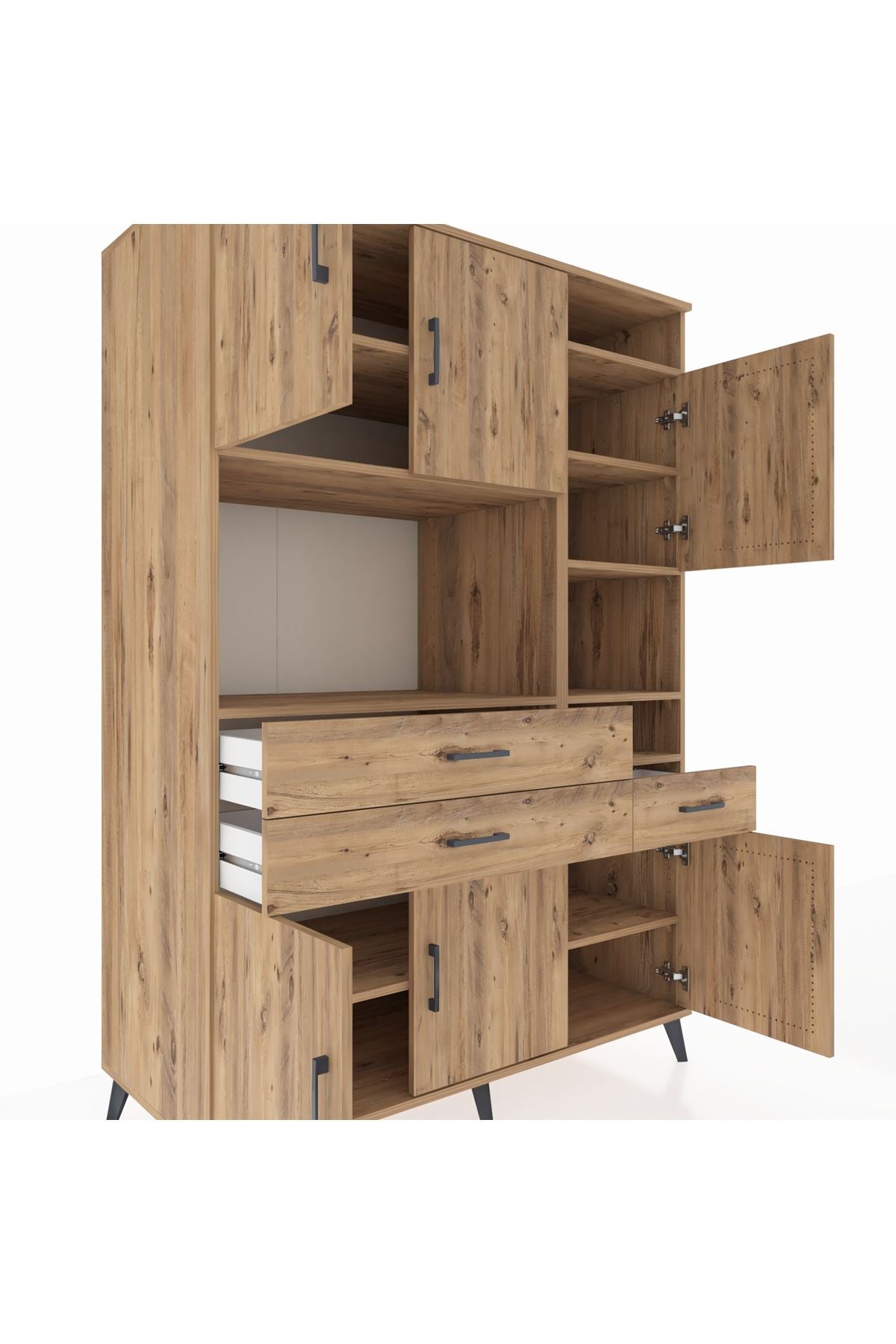 Kronos Dolap 10 Raflı 3 Çekmeceli 6 Kapaklı 132x59x195 Çam-Çam/Çam