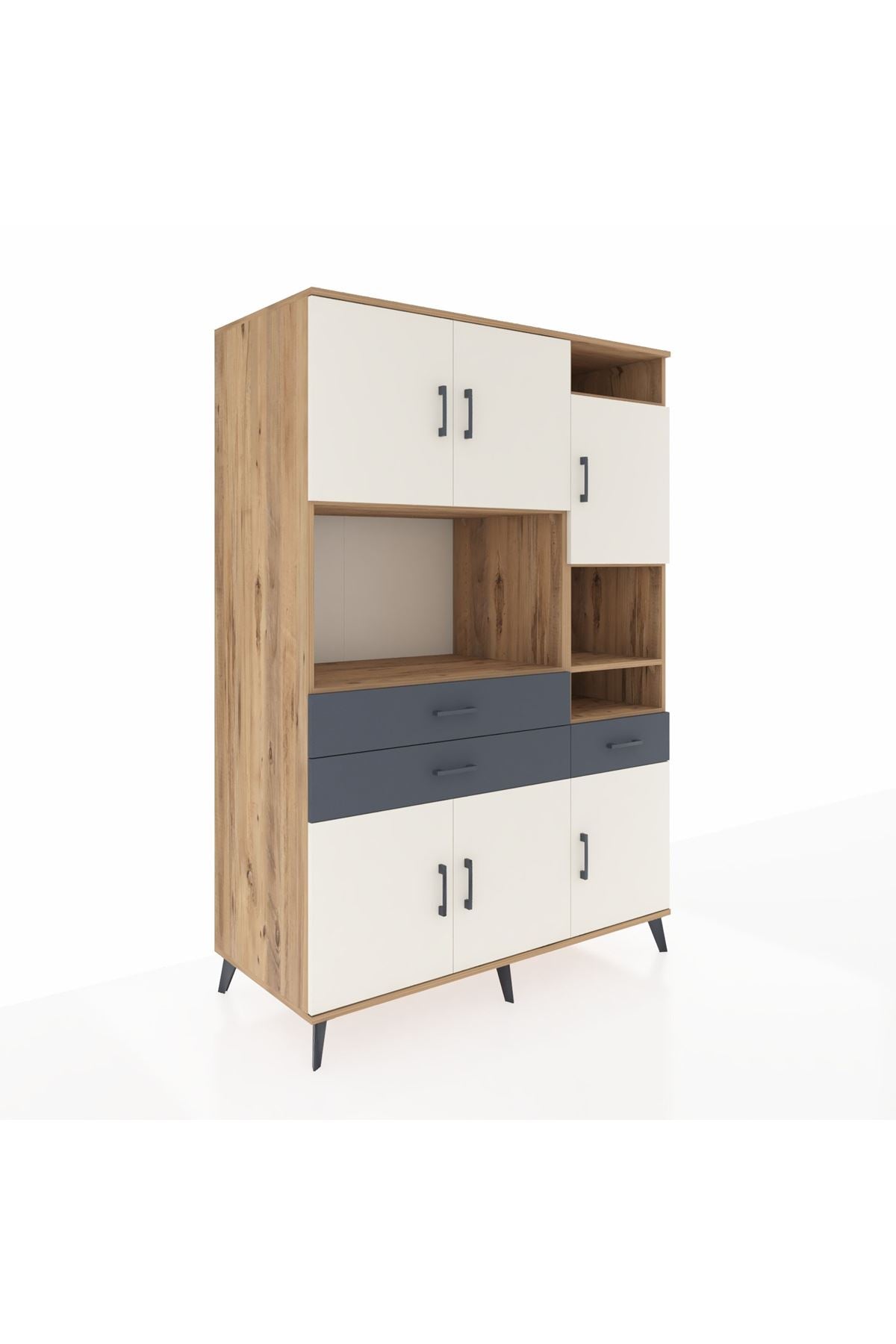 Kronos Dolap 10 Raflı 3 Çekmeceli 6 Kapaklı 132x59x195 Çam-Aytaşı/Antrasit