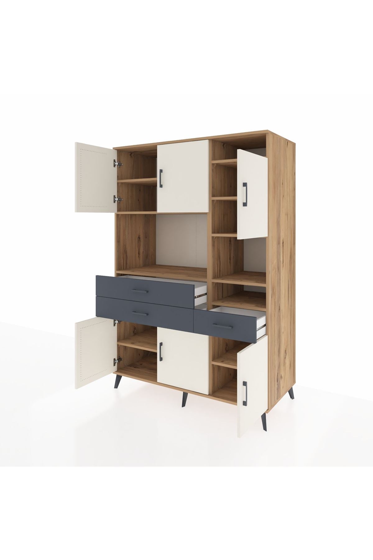 Kronos Dolap 10 Raflı 3 Çekmeceli 6 Kapaklı 132x59x195 Çam-Aytaşı/Antrasit