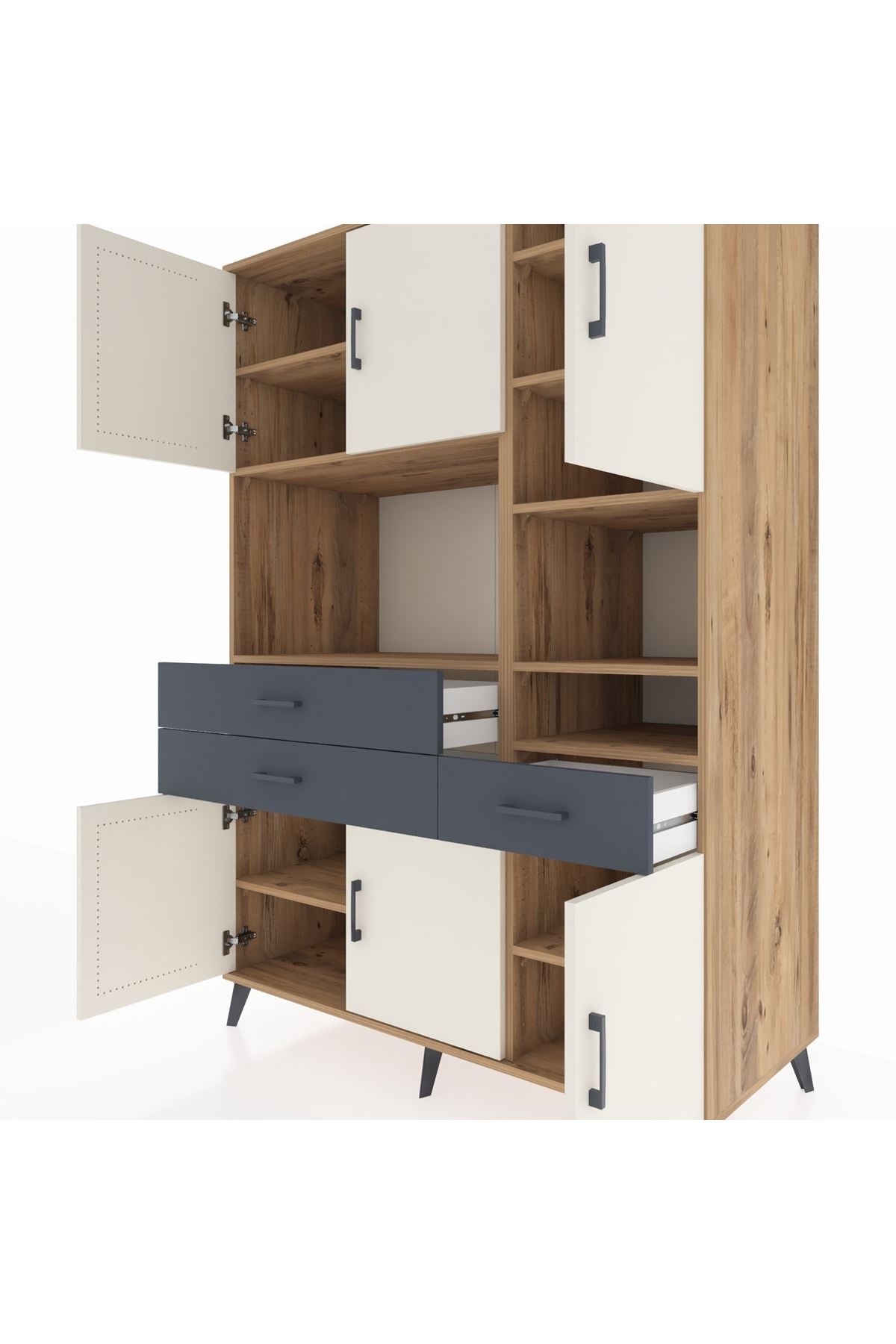 Kronos Dolap 10 Raflı 3 Çekmeceli 6 Kapaklı 132x59x195 Çam-Aytaşı/Antrasit