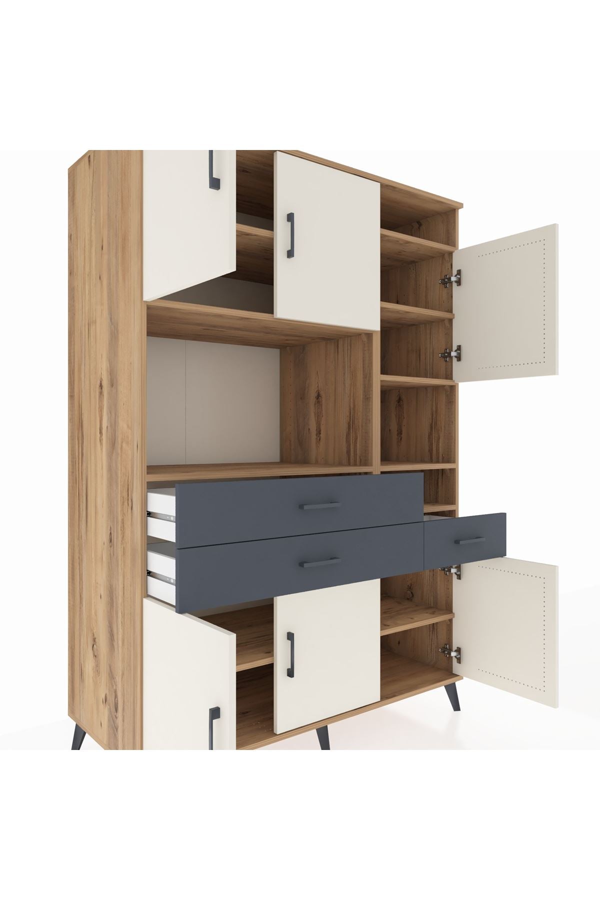 Kronos Dolap 10 Raflı 3 Çekmeceli 6 Kapaklı 132x59x195 Çam-Aytaşı/Antrasit