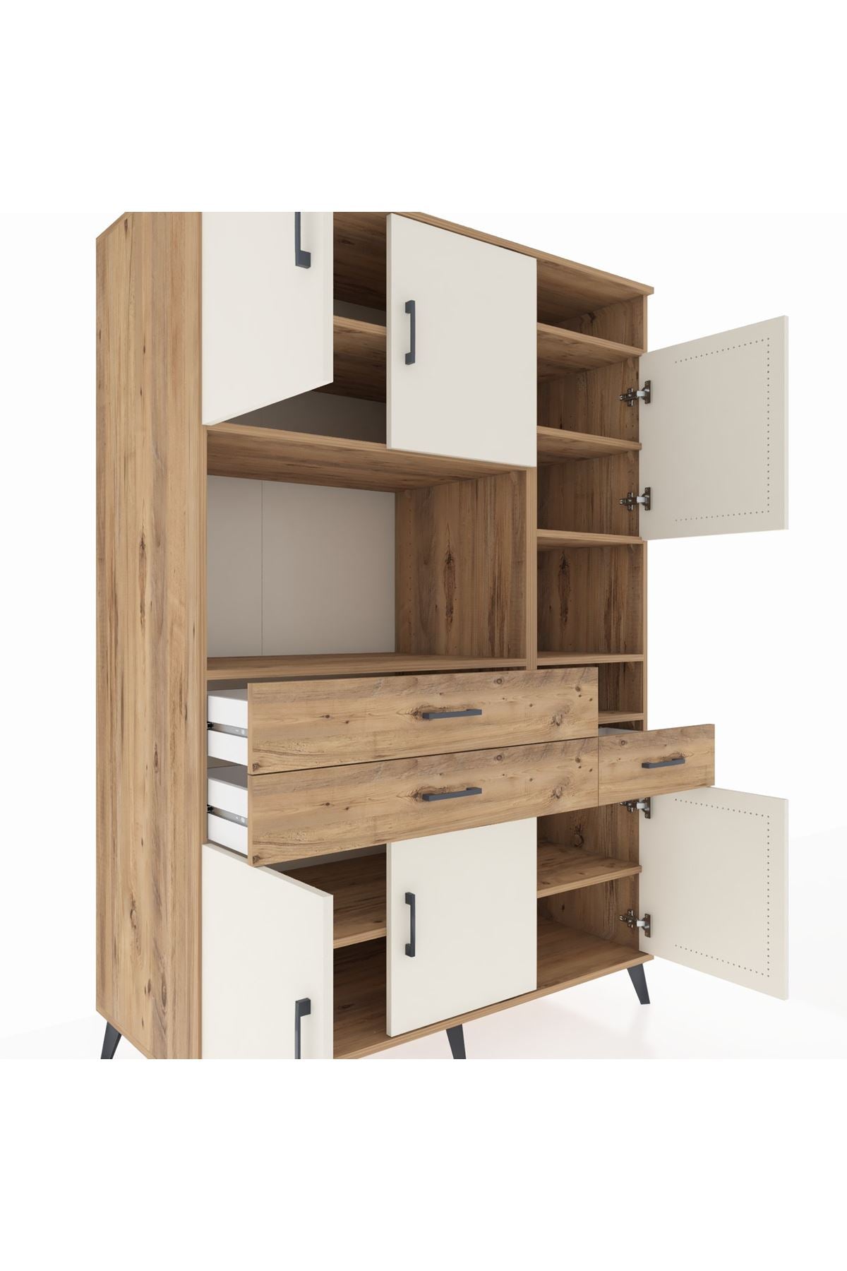 Kronos Dolap 10 Raflı 3 Çekmeceli 6 Kapaklı 132x59x195 Çam-Aytaşı/Çam