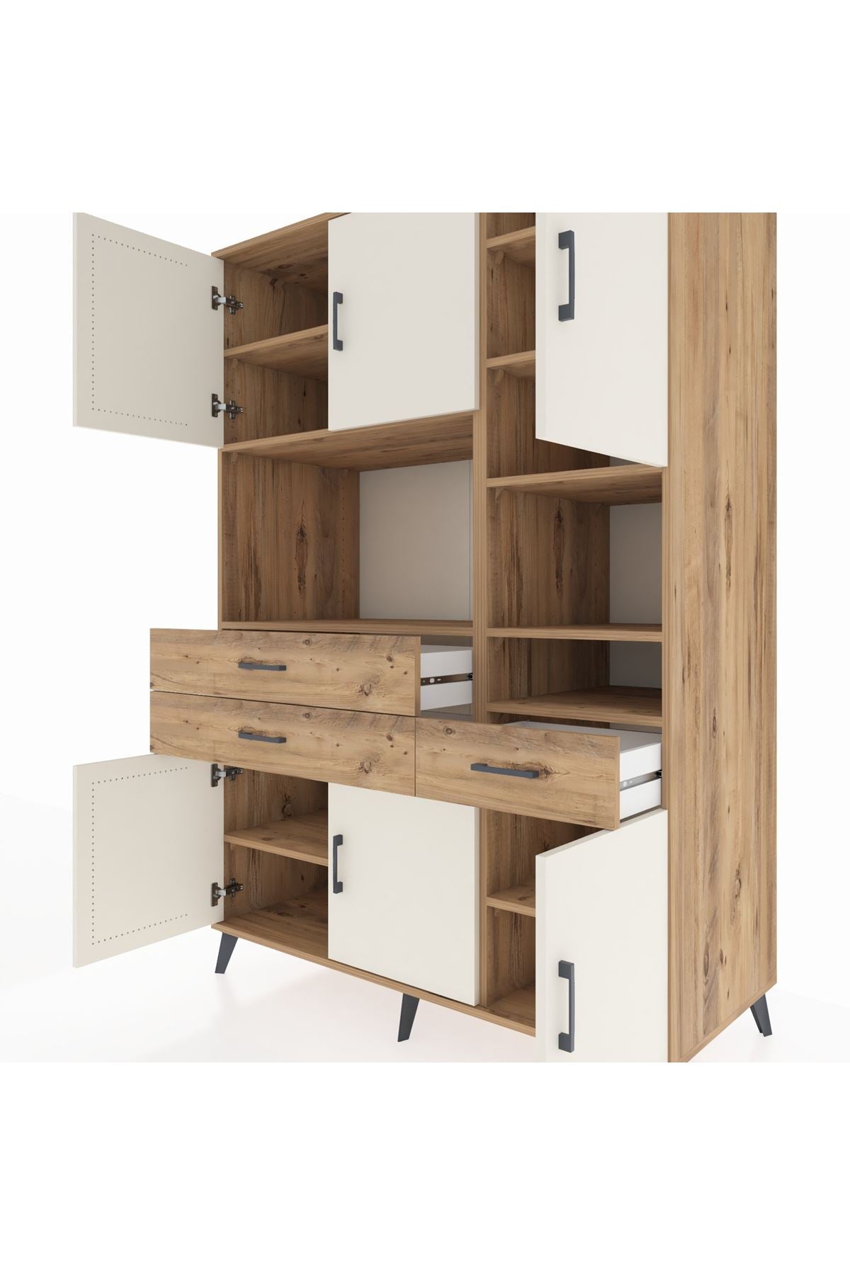 Kronos Dolap 10 Raflı 3 Çekmeceli 6 Kapaklı 132x59x195 Çam-Aytaşı/Çam