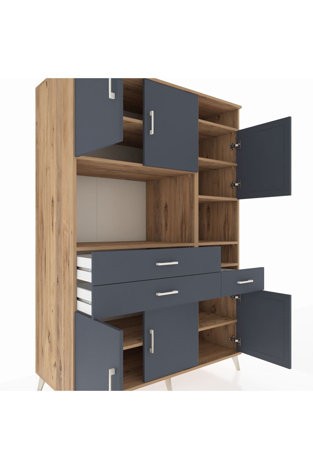 Kronos Dolap 10 Raflı 3 Çekmeceli 6 Kapaklı 132x59x195 Çam-Antrasit/Antrasit