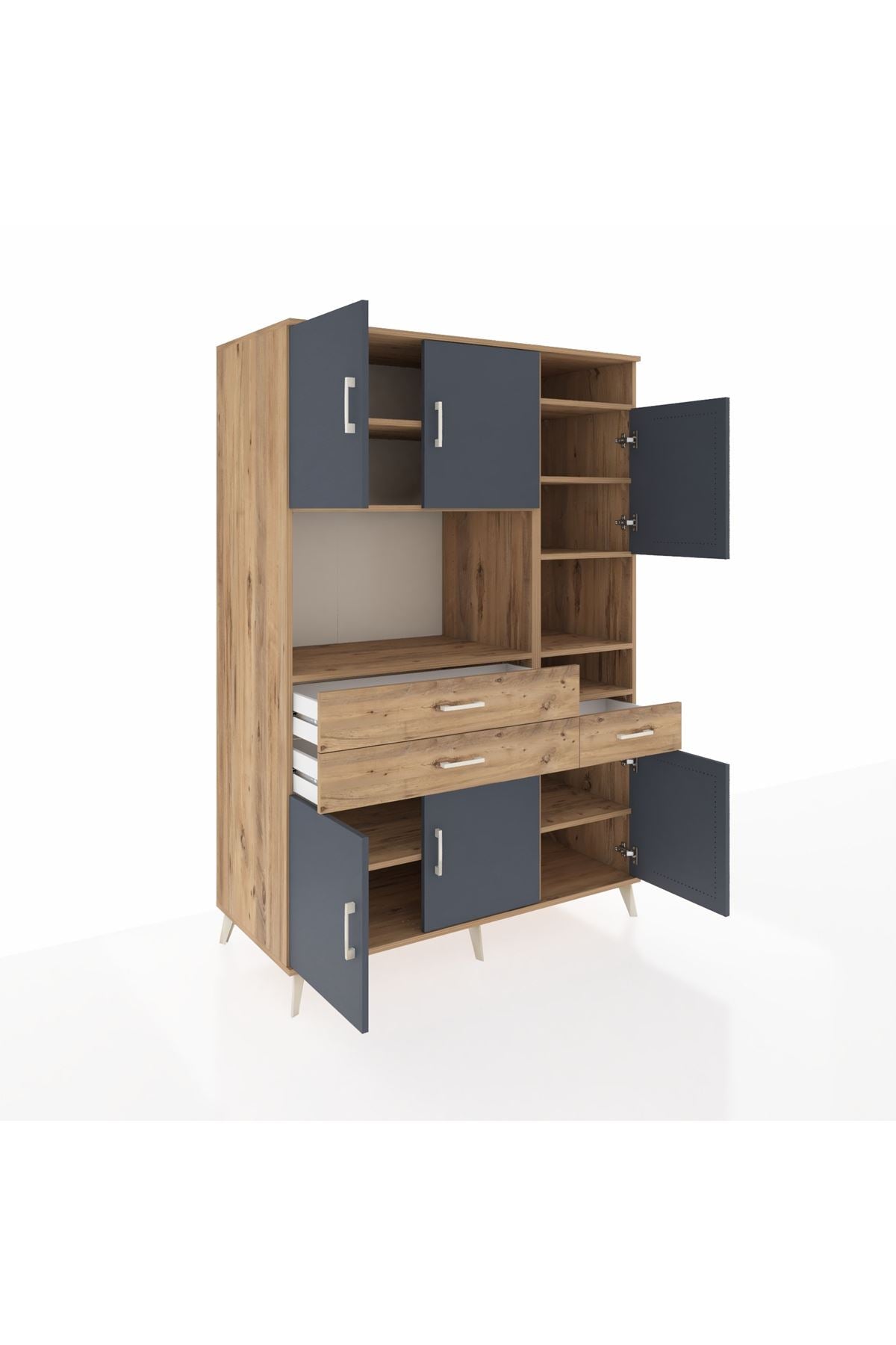 Kronos Dolap 10 Raflı 3 Çekmeceli 6 Kapaklı 132x59x195 Çam-Antrasit/Çam