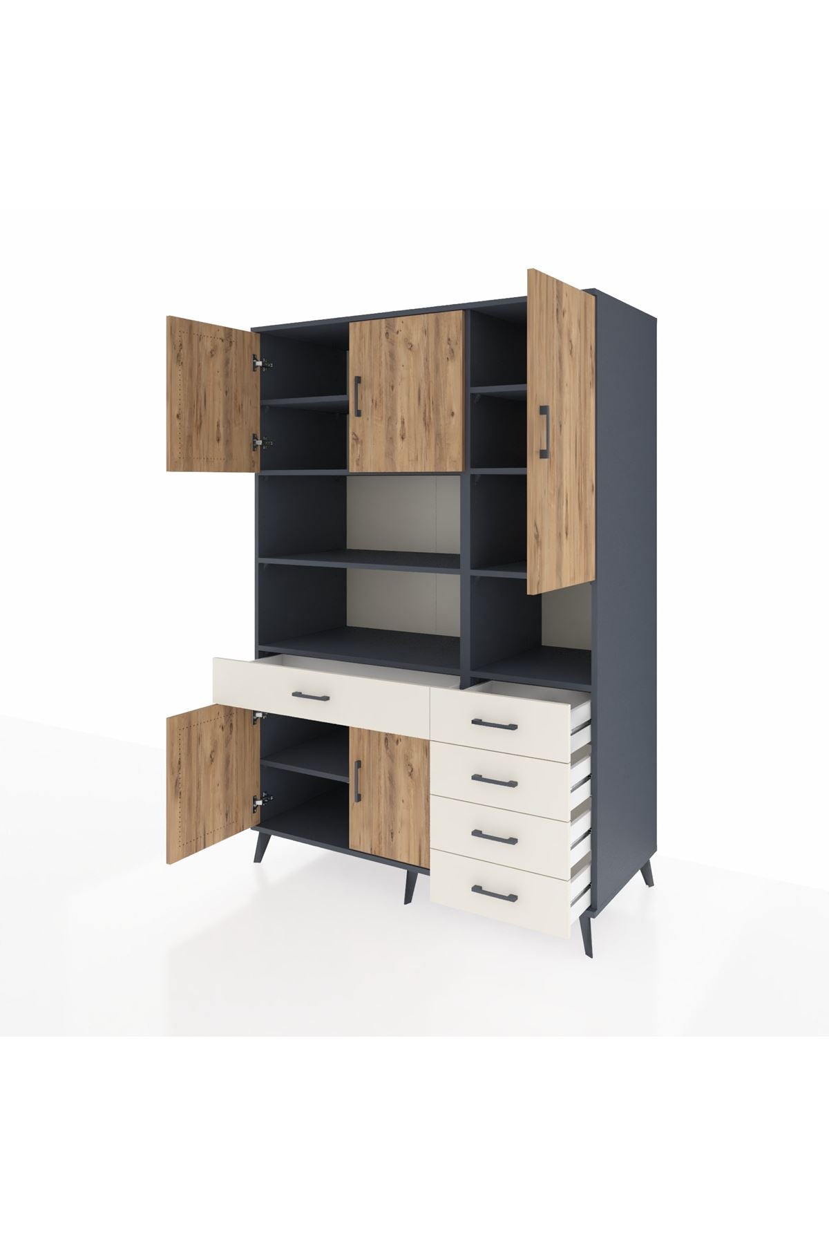 Kronos Dolap 9 Raflı 5 Çekmeceli 5 Kapaklı 132x59x195 Antrasit-Çam/Aytaşı