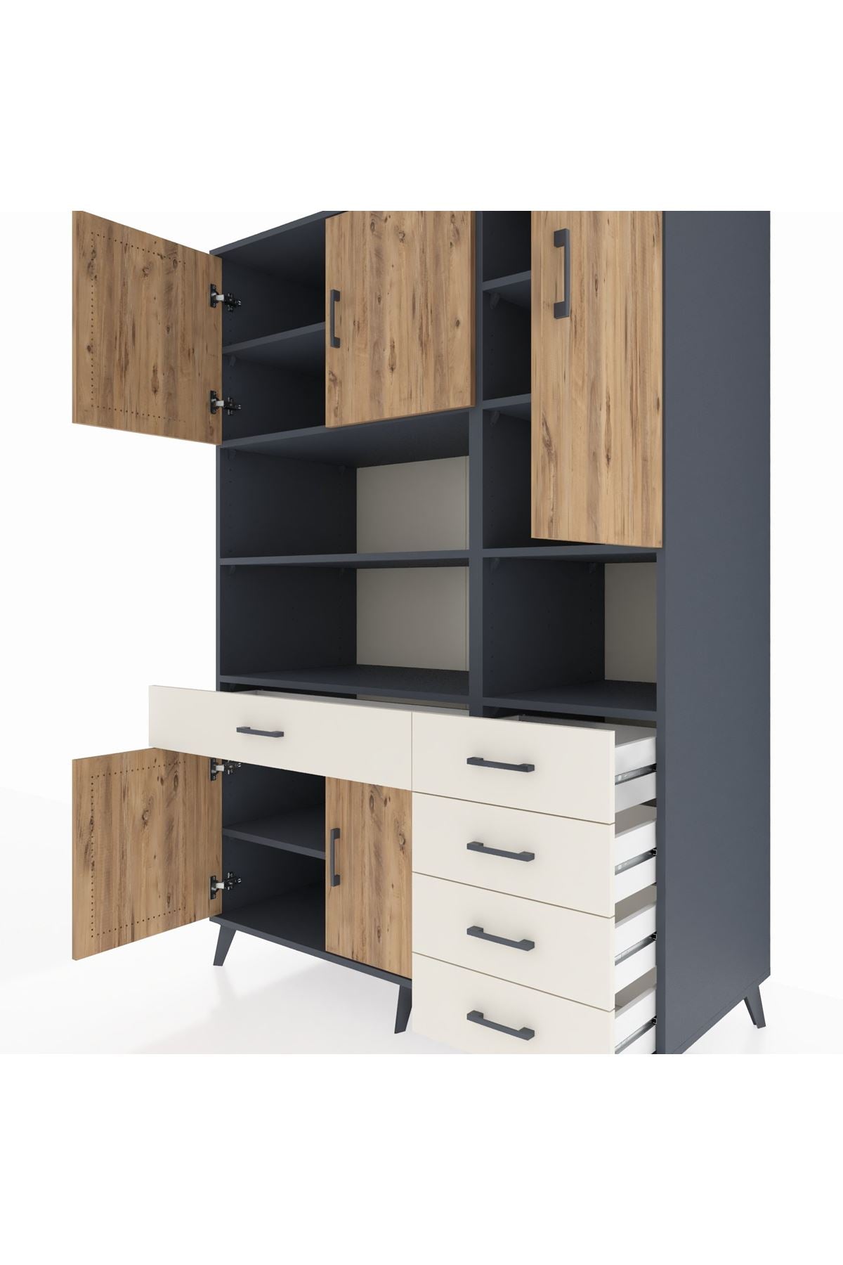 Kronos Dolap 9 Raflı 5 Çekmeceli 5 Kapaklı 132x59x195 Antrasit-Çam/Aytaşı
