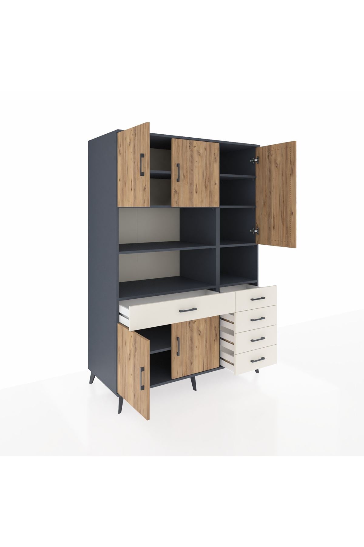 Kronos Dolap 9 Raflı 5 Çekmeceli 5 Kapaklı 132x59x195 Antrasit-Çam/Aytaşı