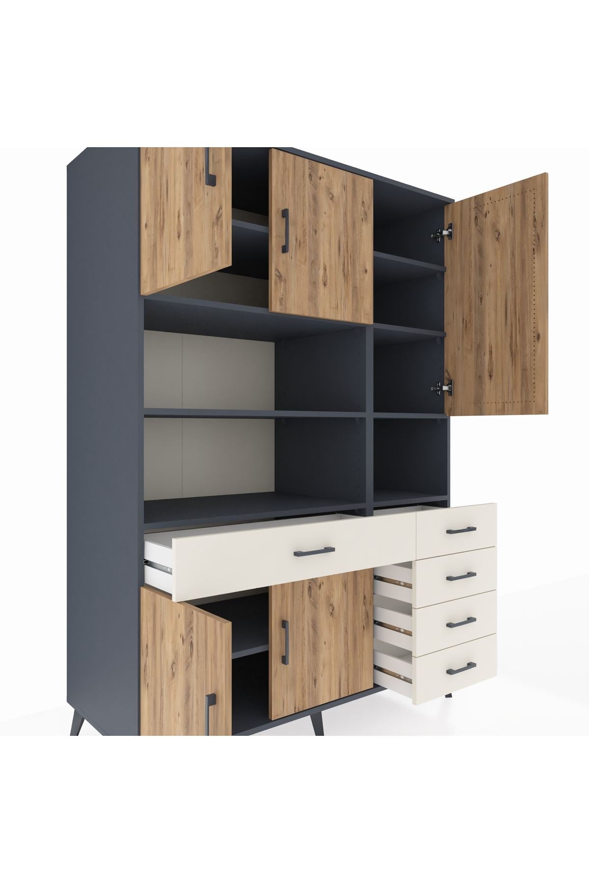 Kronos Dolap 9 Raflı 5 Çekmeceli 5 Kapaklı 132x59x195 Antrasit-Çam/Aytaşı