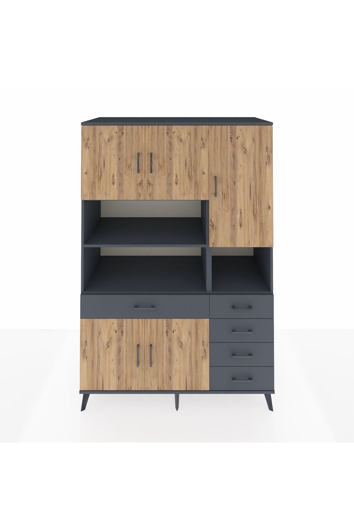 Kronos Dolap 9 Raflı 5 Çekmeceli 5 Kapaklı 132x59x195 Antrasit-Çam/Antrasit