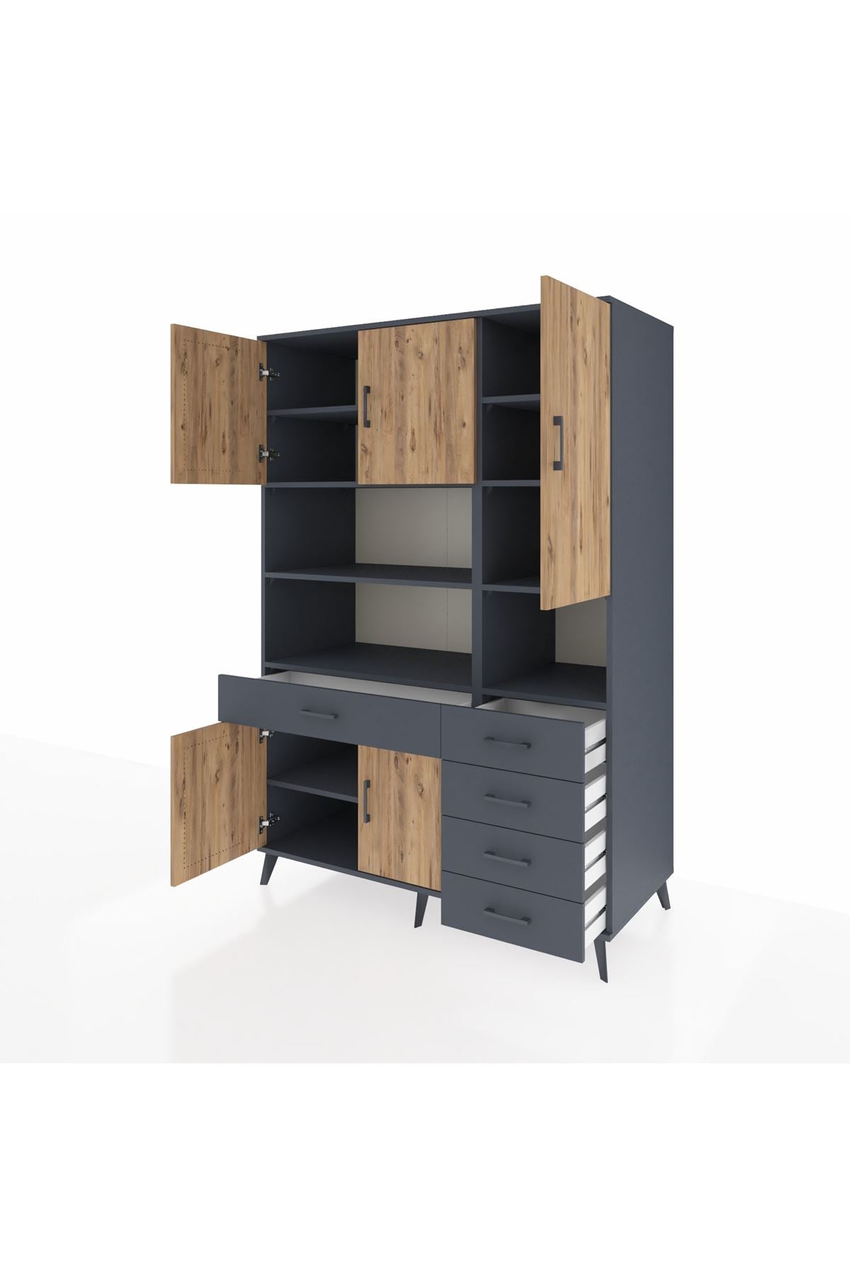 Kronos Dolap 9 Raflı 5 Çekmeceli 5 Kapaklı 132x59x195 Antrasit-Çam/Antrasit