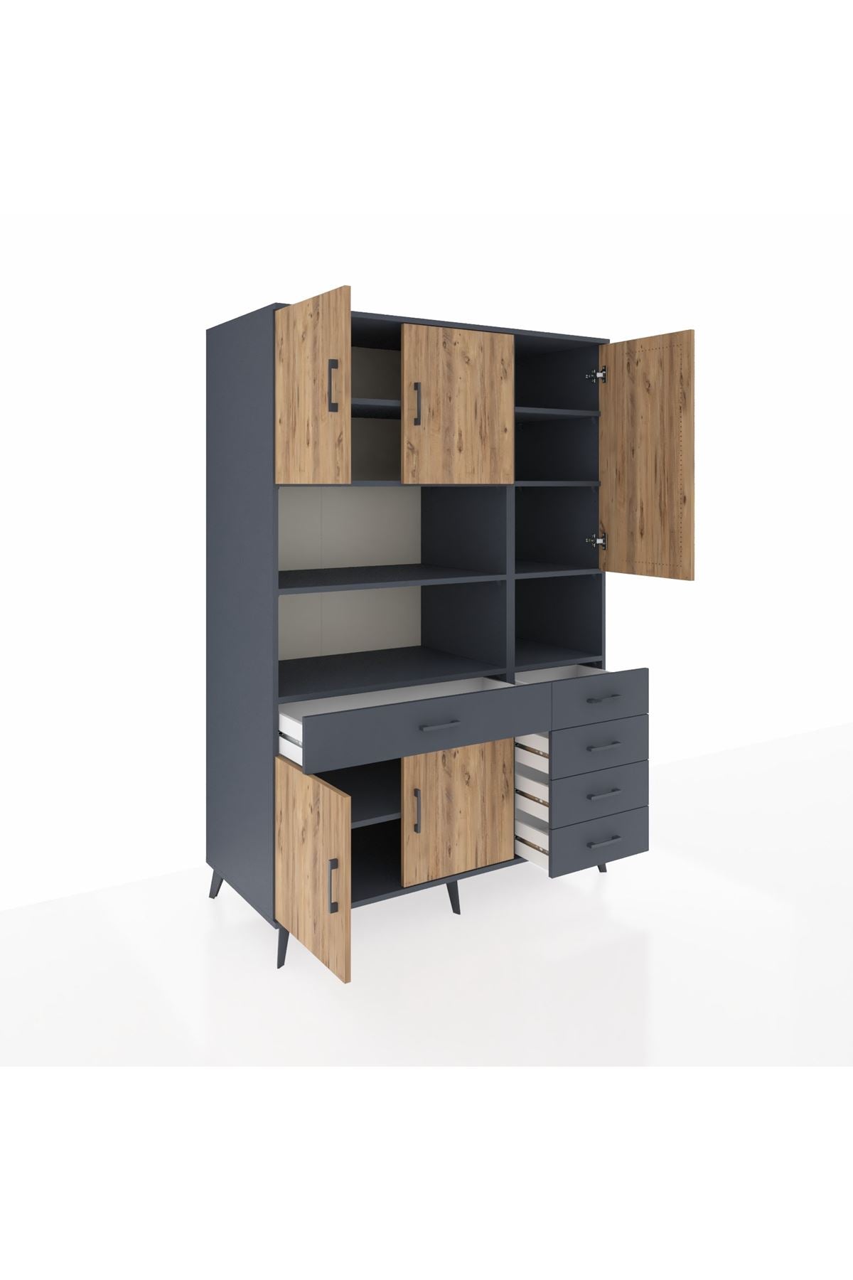Kronos Dolap 9 Raflı 5 Çekmeceli 5 Kapaklı 132x59x195 Antrasit-Çam/Antrasit