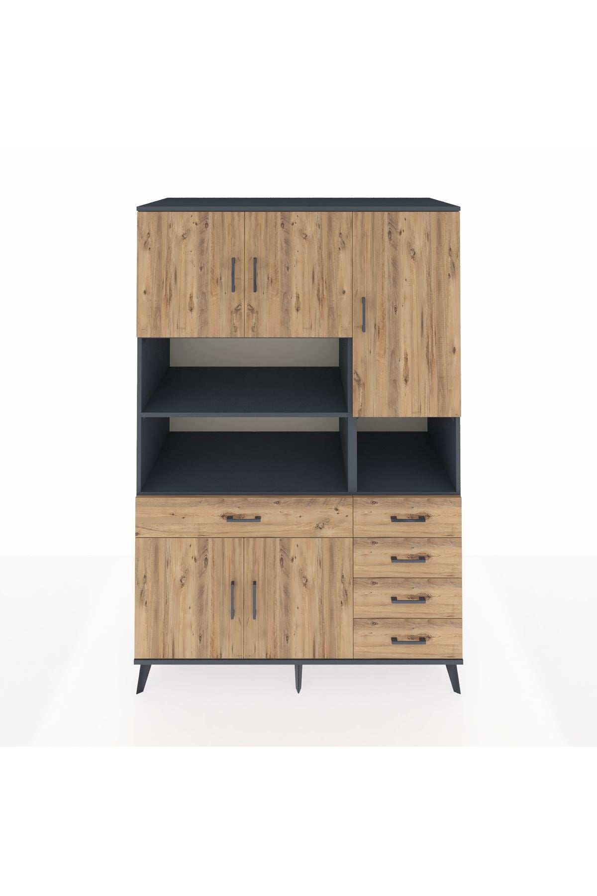 Kronos Dolap 9 Raflı 5 Çekmeceli 5 Kapaklı 132x59x195 Antrasit-Çam/Çam