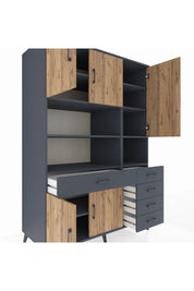 Kronos Dolap 9 Raflı 5 Çekmeceli 5 Kapaklı 132x59x195 Antrasit-Çam/Antrasit