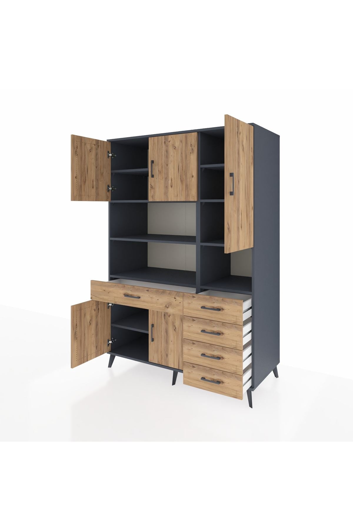 Kronos Dolap 9 Raflı 5 Çekmeceli 5 Kapaklı 132x59x195 Antrasit-Çam/Çam