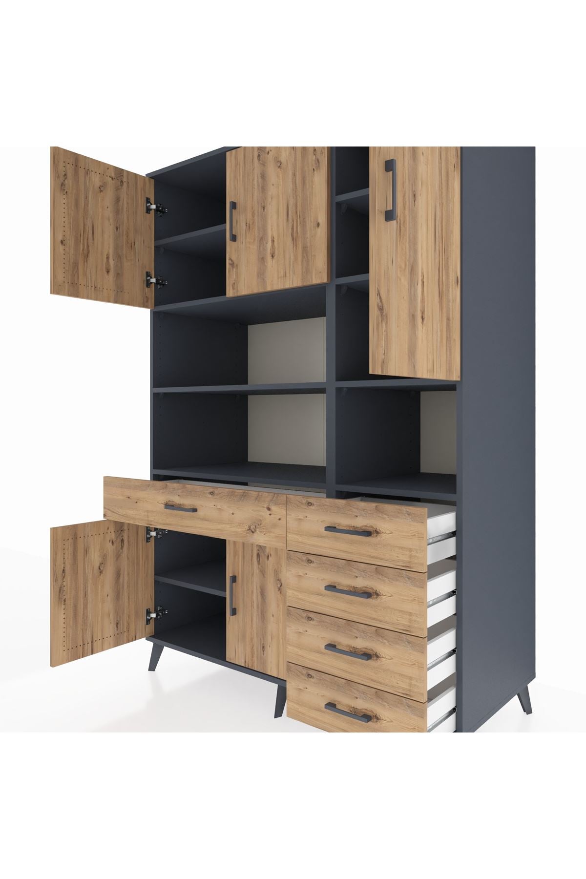 Kronos Dolap 9 Raflı 5 Çekmeceli 5 Kapaklı 132x59x195 Antrasit-Çam/Çam