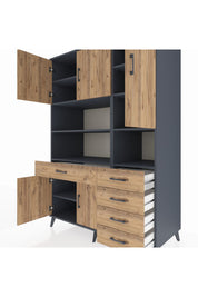 Kronos Dolap 9 Raflı 5 Çekmeceli 5 Kapaklı 132x59x195 Antrasit-Çam/Çam