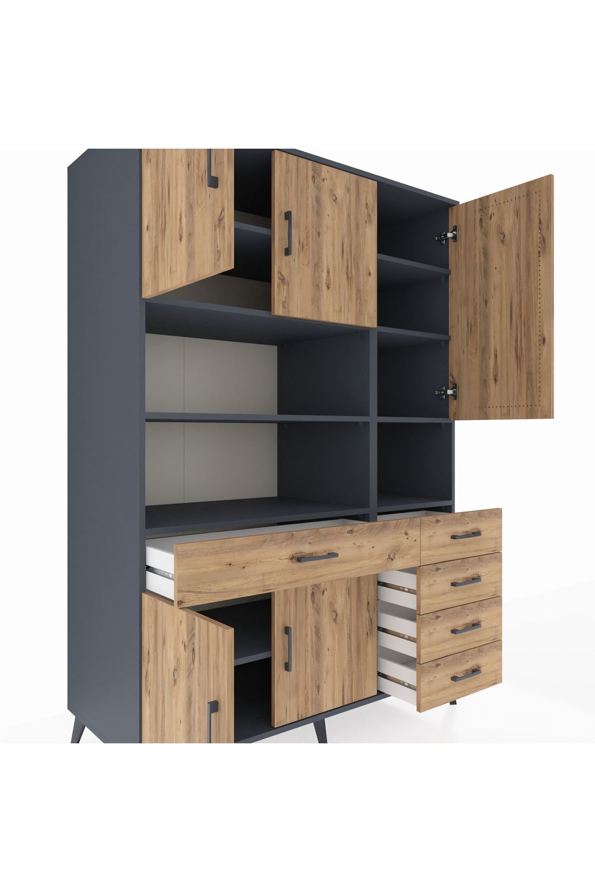 Kronos Dolap 9 Raflı 5 Çekmeceli 5 Kapaklı 132x59x195 Antrasit-Çam/Çam