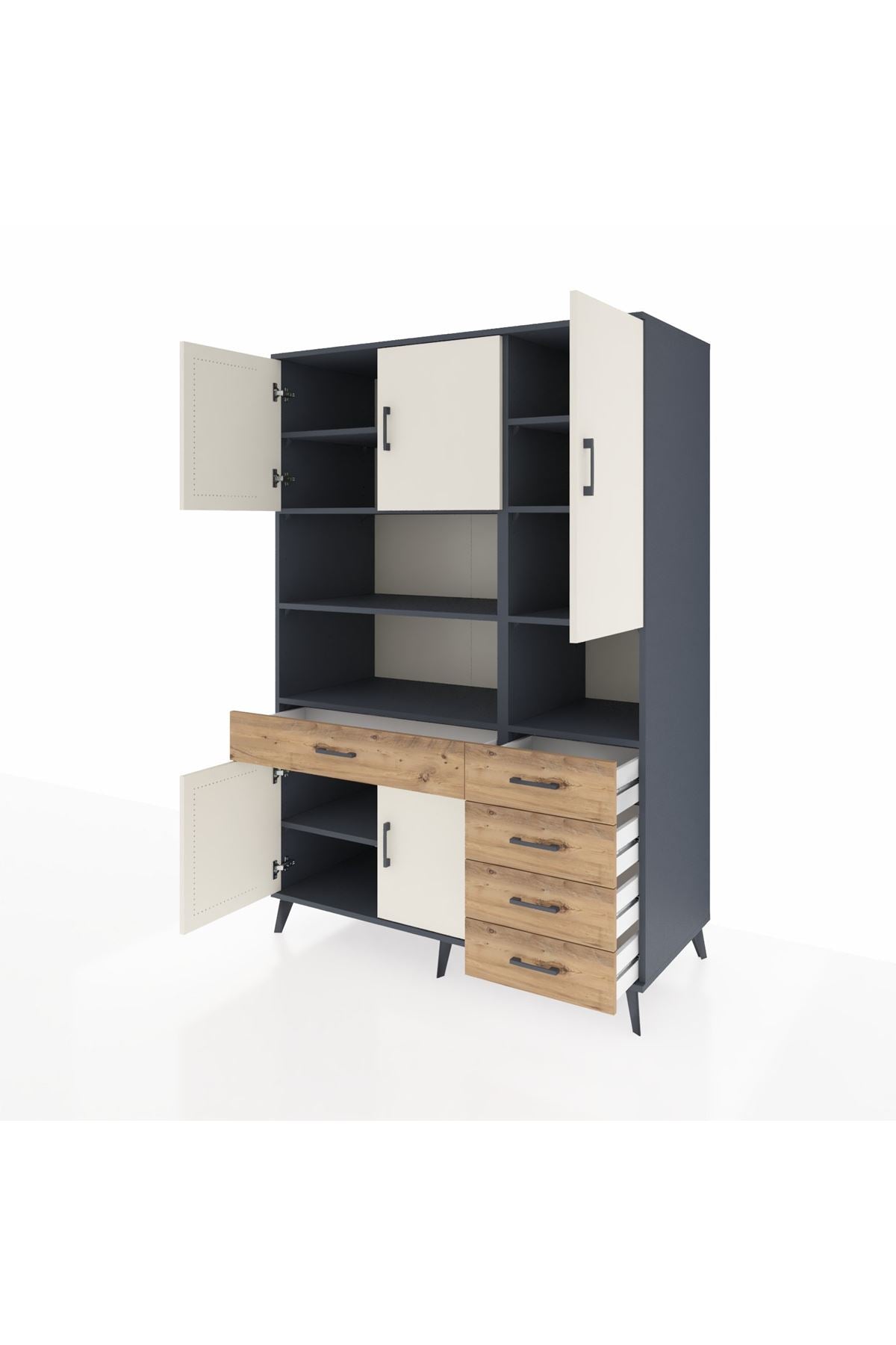 Kronos Dolap 9 Raflı 5 Çekmeceli 5 Kapaklı 132x59x195 Antrasit-Aytaşı/Çam