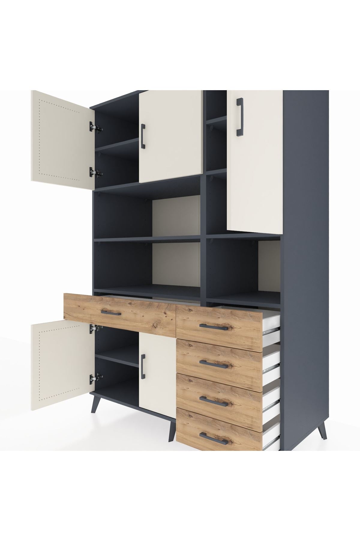 Kronos Dolap 9 Raflı 5 Çekmeceli 5 Kapaklı 132x59x195 Antrasit-Aytaşı/Çam