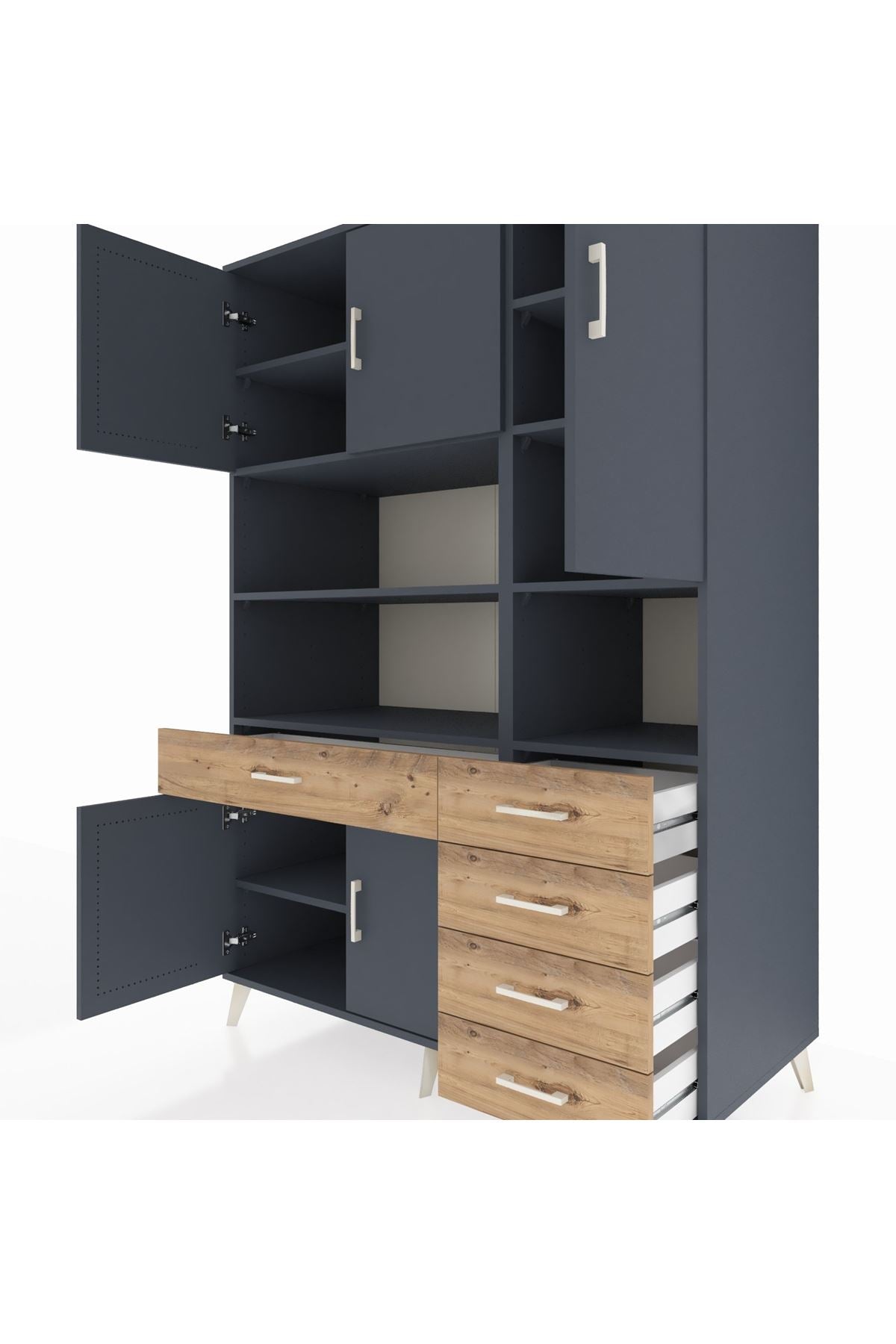 Kronos Dolap 9 Raflı 5 Çekmeceli 5 Kapaklı 132x59x195 Antrasit-Antrasit/Çam