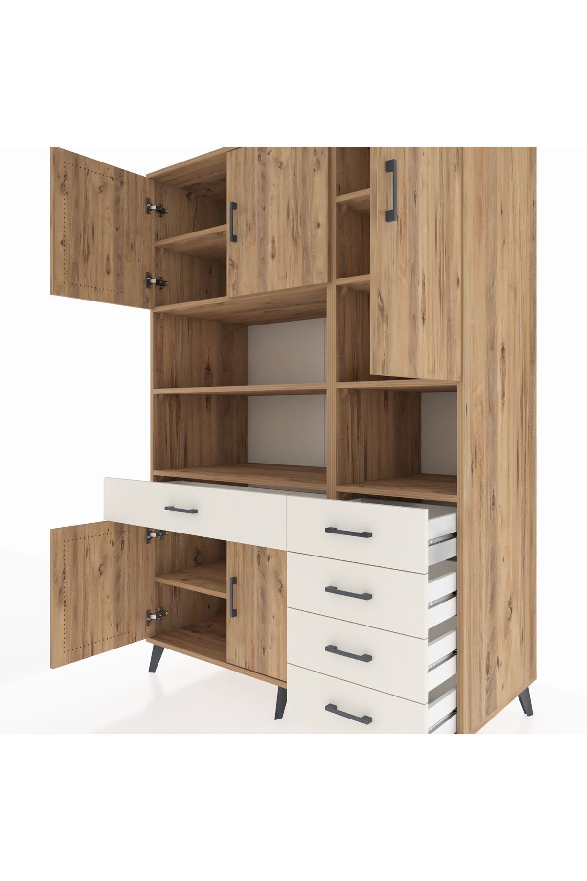 Kronos Dolap 9 Raflı 5 Çekmeceli 5 Kapaklı 132x59x195 Çam-Çam/Aytaşı