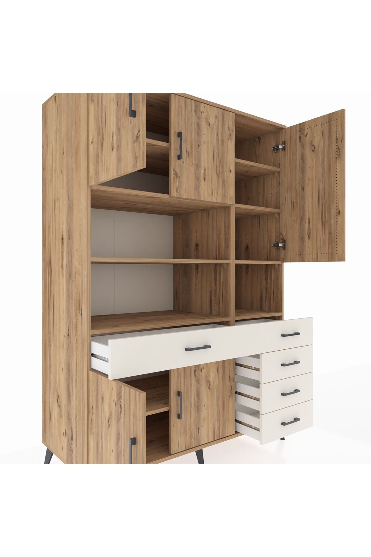 Kronos Dolap 9 Raflı 5 Çekmeceli 5 Kapaklı 132x59x195 Çam-Çam/Aytaşı