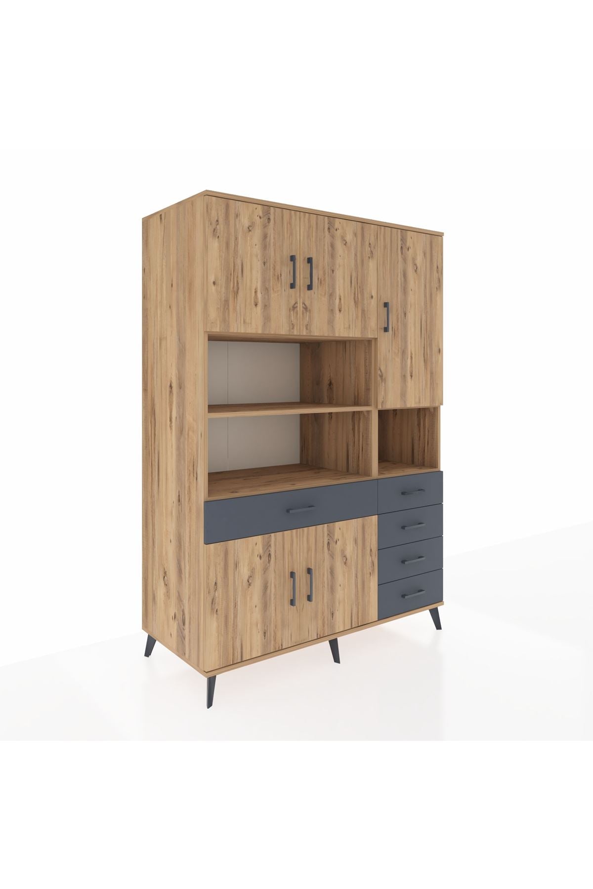 Kronos Dolap 9 Raflı 5 Çekmeceli 5 Kapaklı 132x59x195 Çam-Çam/Antrasit