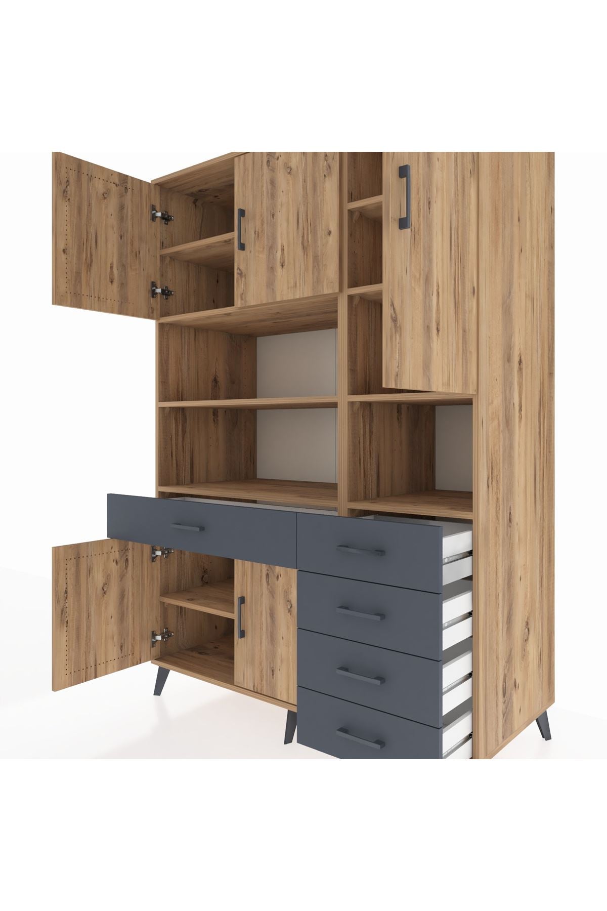 Kronos Dolap 9 Raflı 5 Çekmeceli 5 Kapaklı 132x59x195 Çam-Çam/Antrasit