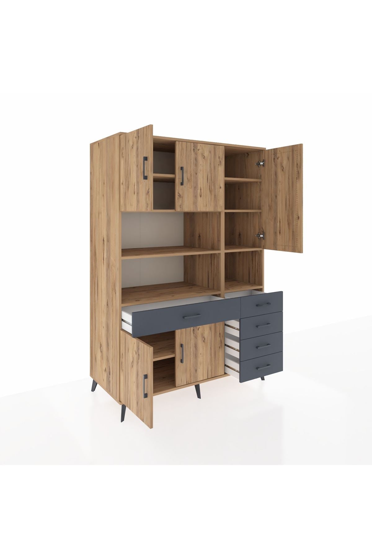 Kronos Dolap 9 Raflı 5 Çekmeceli 5 Kapaklı 132x59x195 Çam-Çam/Antrasit