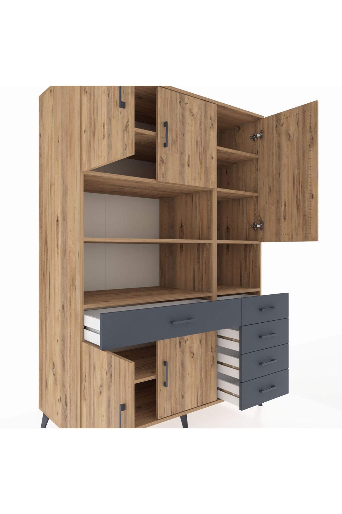 Kronos Dolap 9 Raflı 5 Çekmeceli 5 Kapaklı 132x59x195 Çam-Çam/Antrasit