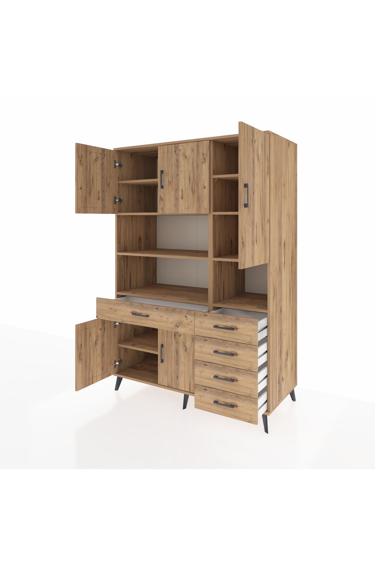 Kronos Dolap 9 Raflı 5 Çekmeceli 5 Kapaklı 132x59x195 Çam-Çam/Çam