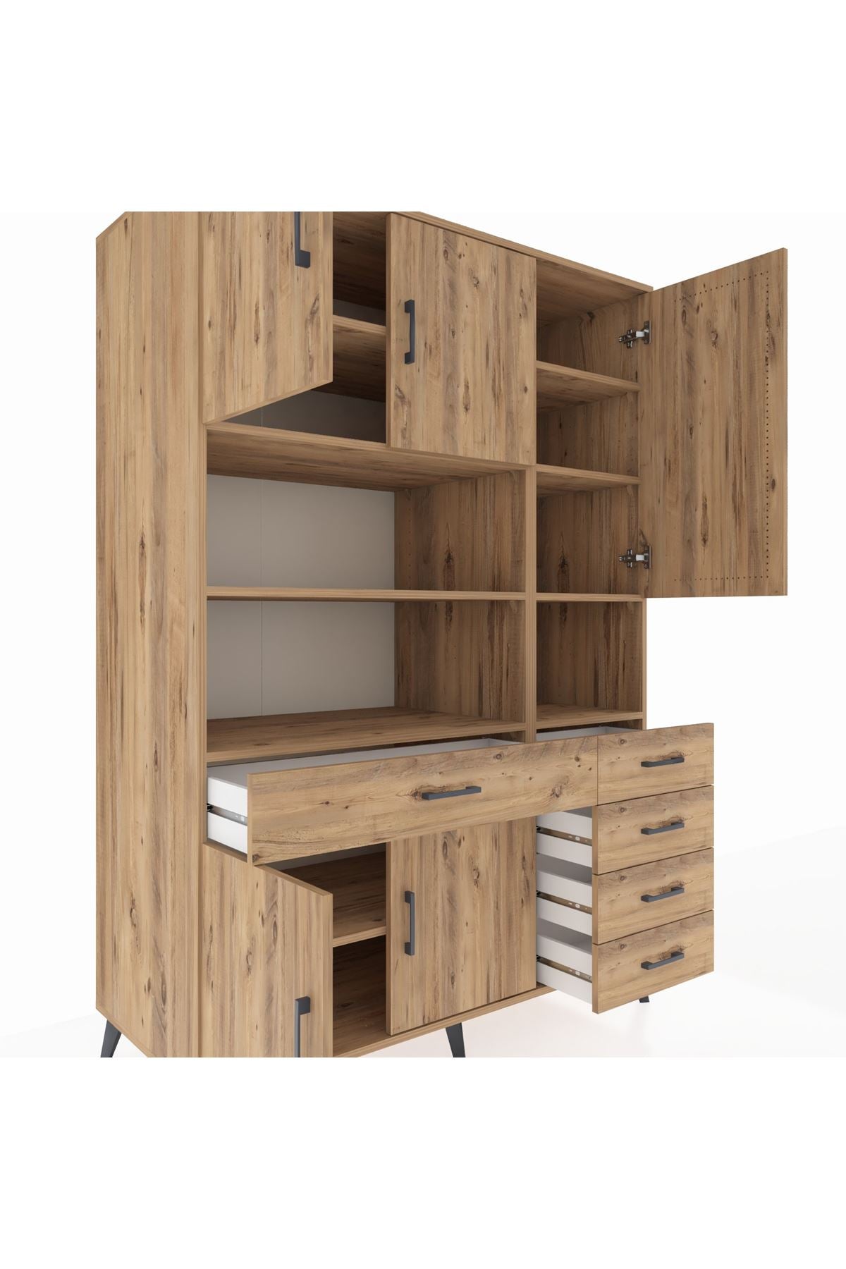 Kronos Dolap 9 Raflı 5 Çekmeceli 5 Kapaklı 132x59x195 Çam-Çam/Çam