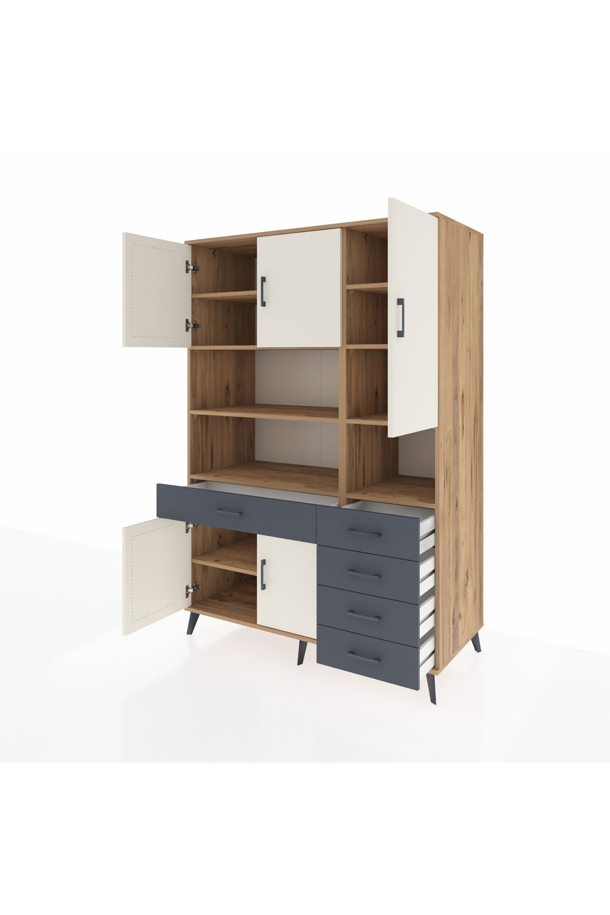 Kronos Dolap 9 Raflı 5 Çekmeceli 5 Kapaklı 132x59x195 Çam-Aytaşı/Antrasit