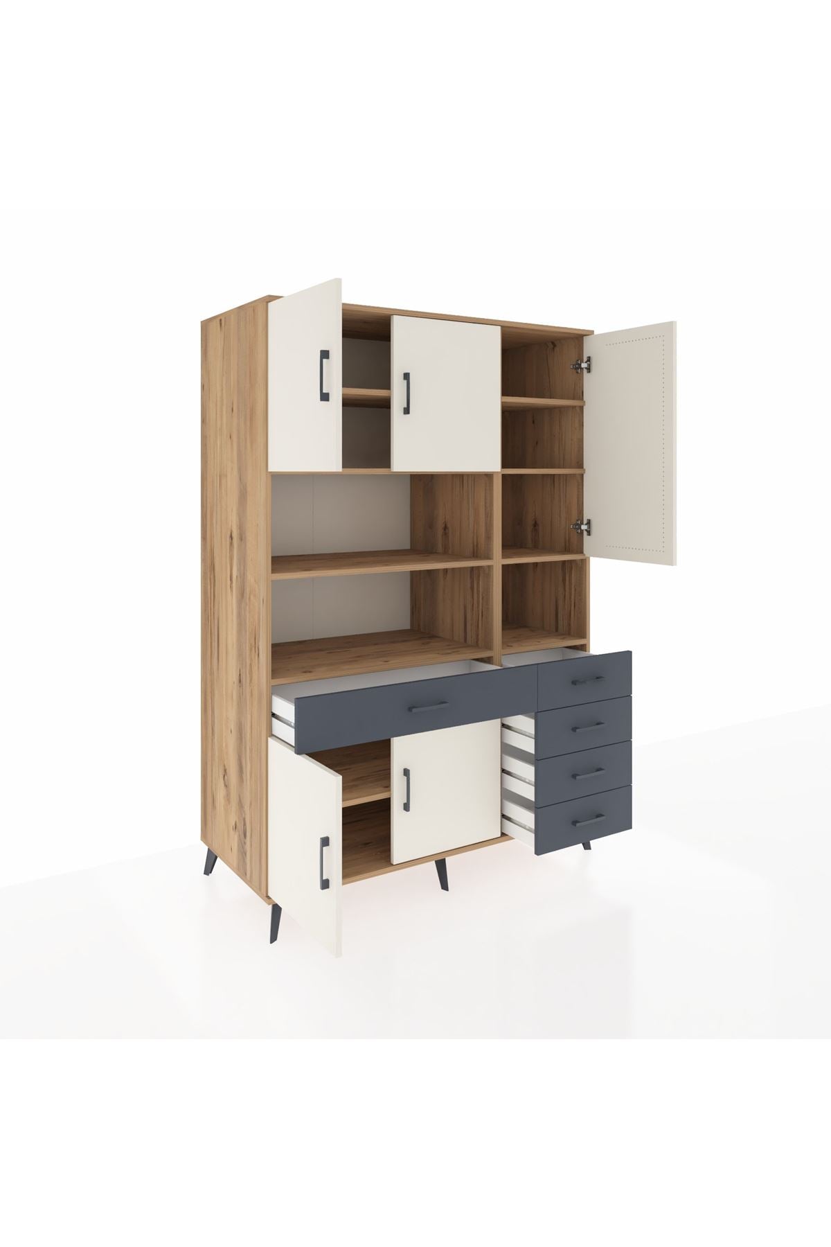 Kronos Dolap 9 Raflı 5 Çekmeceli 5 Kapaklı 132x59x195 Çam-Aytaşı/Antrasit