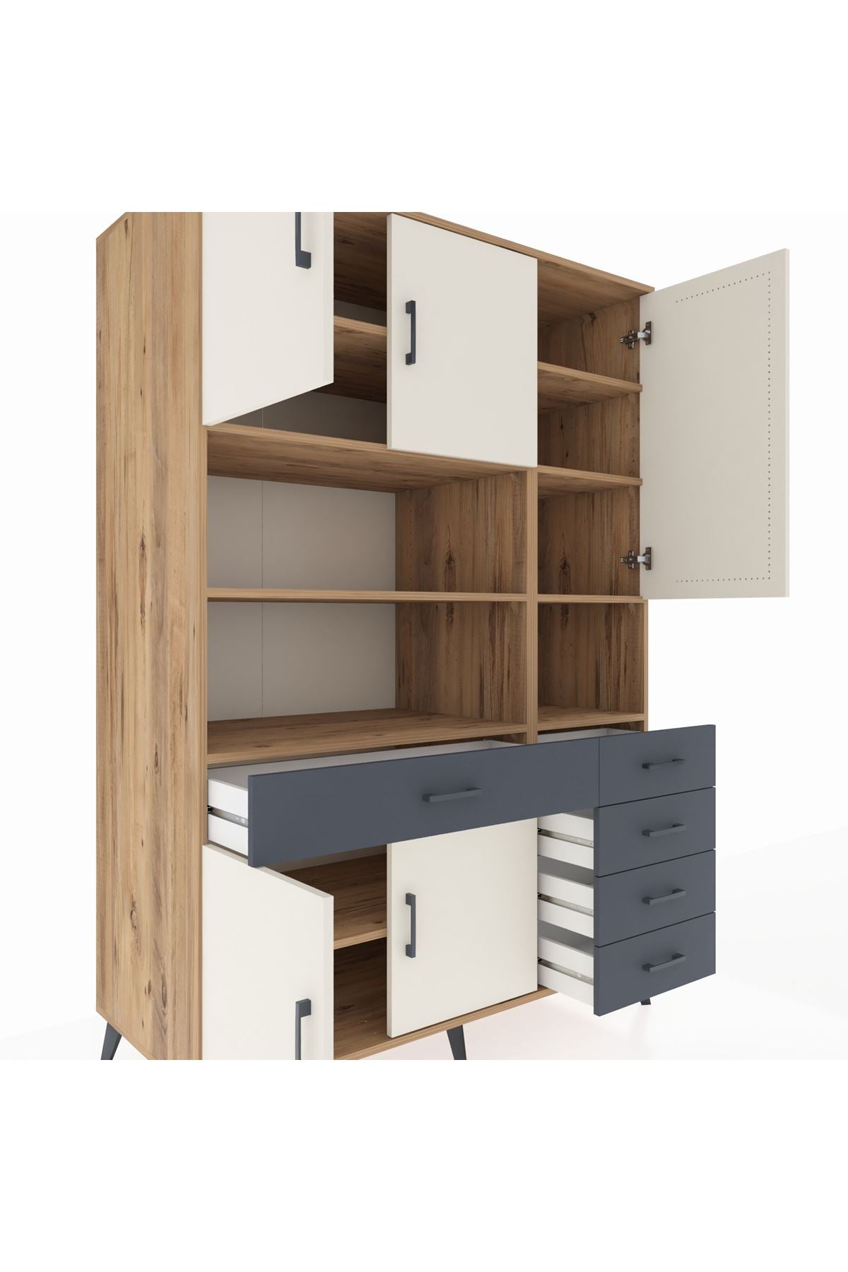 Kronos Dolap 9 Raflı 5 Çekmeceli 5 Kapaklı 132x59x195 Çam-Aytaşı/Antrasit