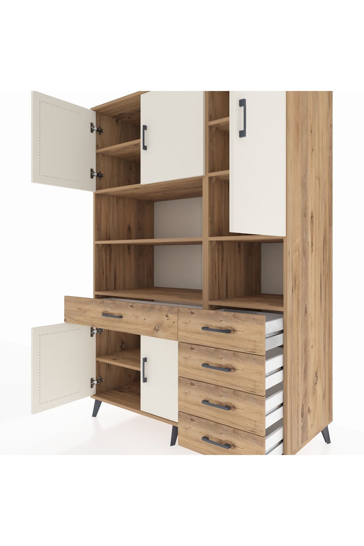 Kronos Dolap 9 Raflı 5 Çekmeceli 5 Kapaklı 132x59x195 Çam-Aytaşı/Çam