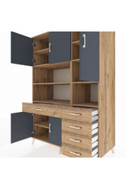 Kronos Dolap 9 Raflı 5 Çekmeceli 5 Kapaklı 132x59x195 Çam-Antrasit/Çam