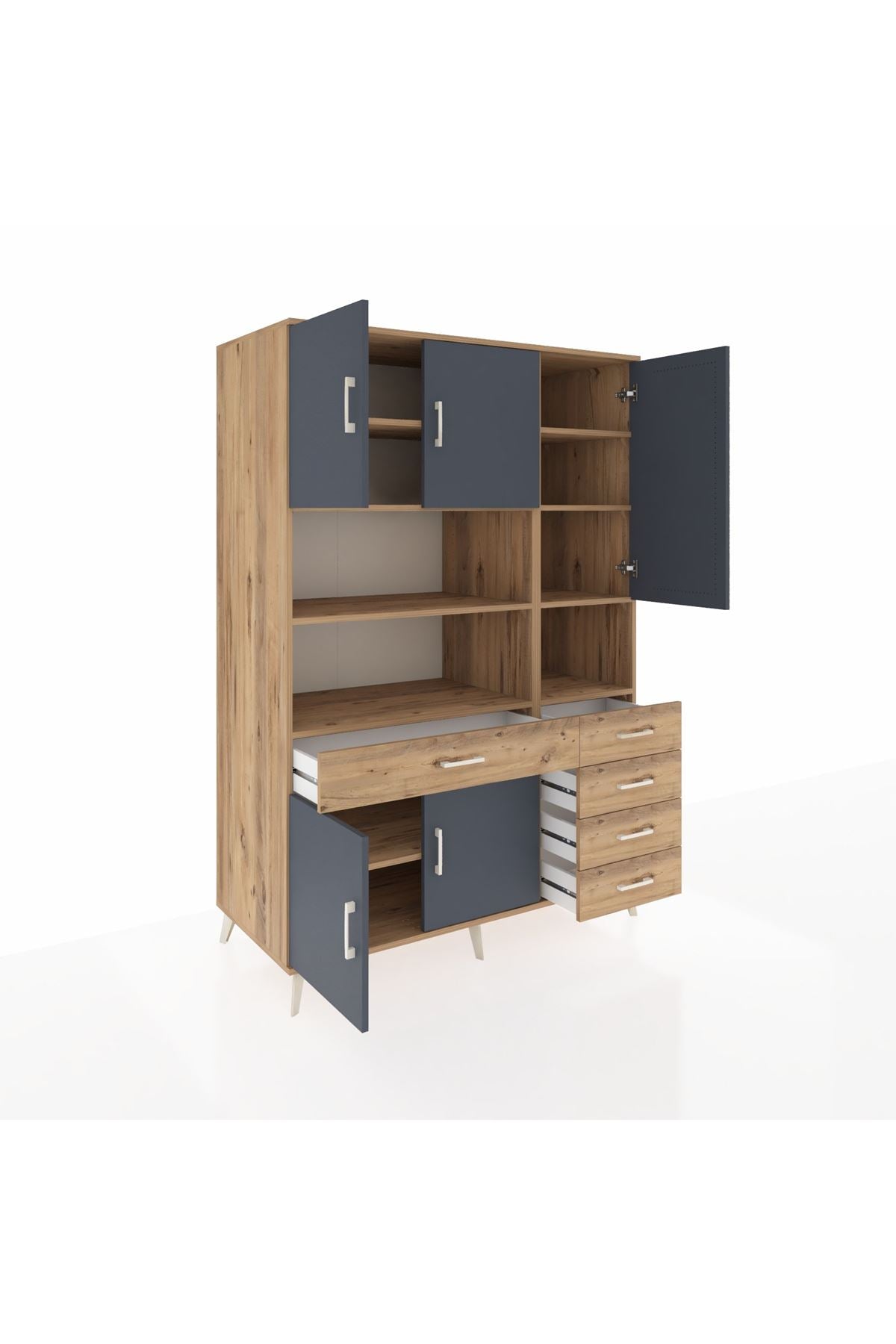 Kronos Dolap 9 Raflı 5 Çekmeceli 5 Kapaklı 132x59x195 Çam-Antrasit/Çam